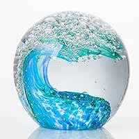 Qianwei Hand Blown Ocean Waves K9 Crystal Ball - Stunning Glass Paperweight, Aquarium & Office Decor for Ocean Lovers (3.14")