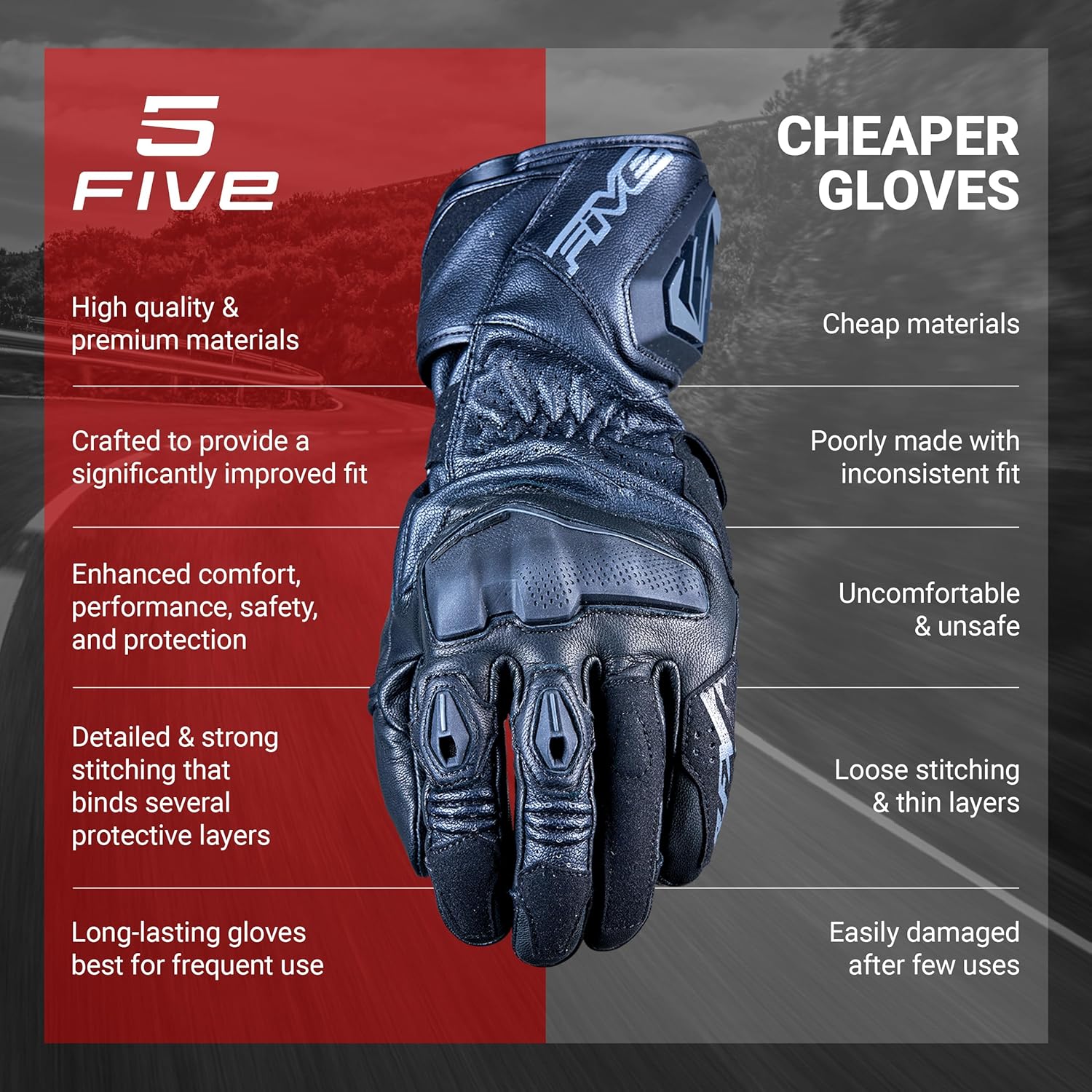 FIVE GLOVES RFX4 EVO Motorcycle Gloves for Men - Racing and Riding Gloves for Motorcycle, BMX, ATV and More