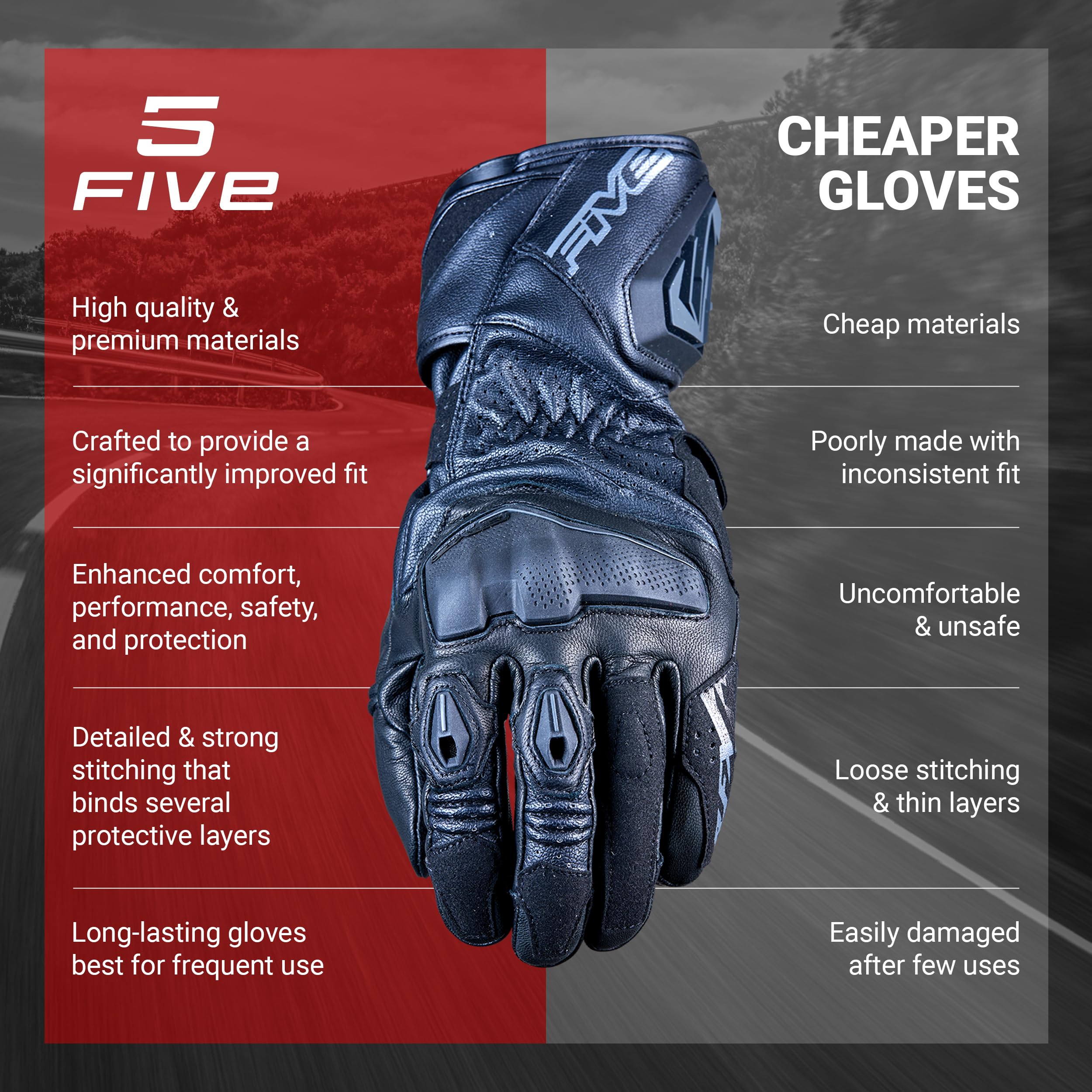 Five Gloves Gants de Moto Course Route - Guantes de Moto homologados en 13594:2015 Unisex Adulto