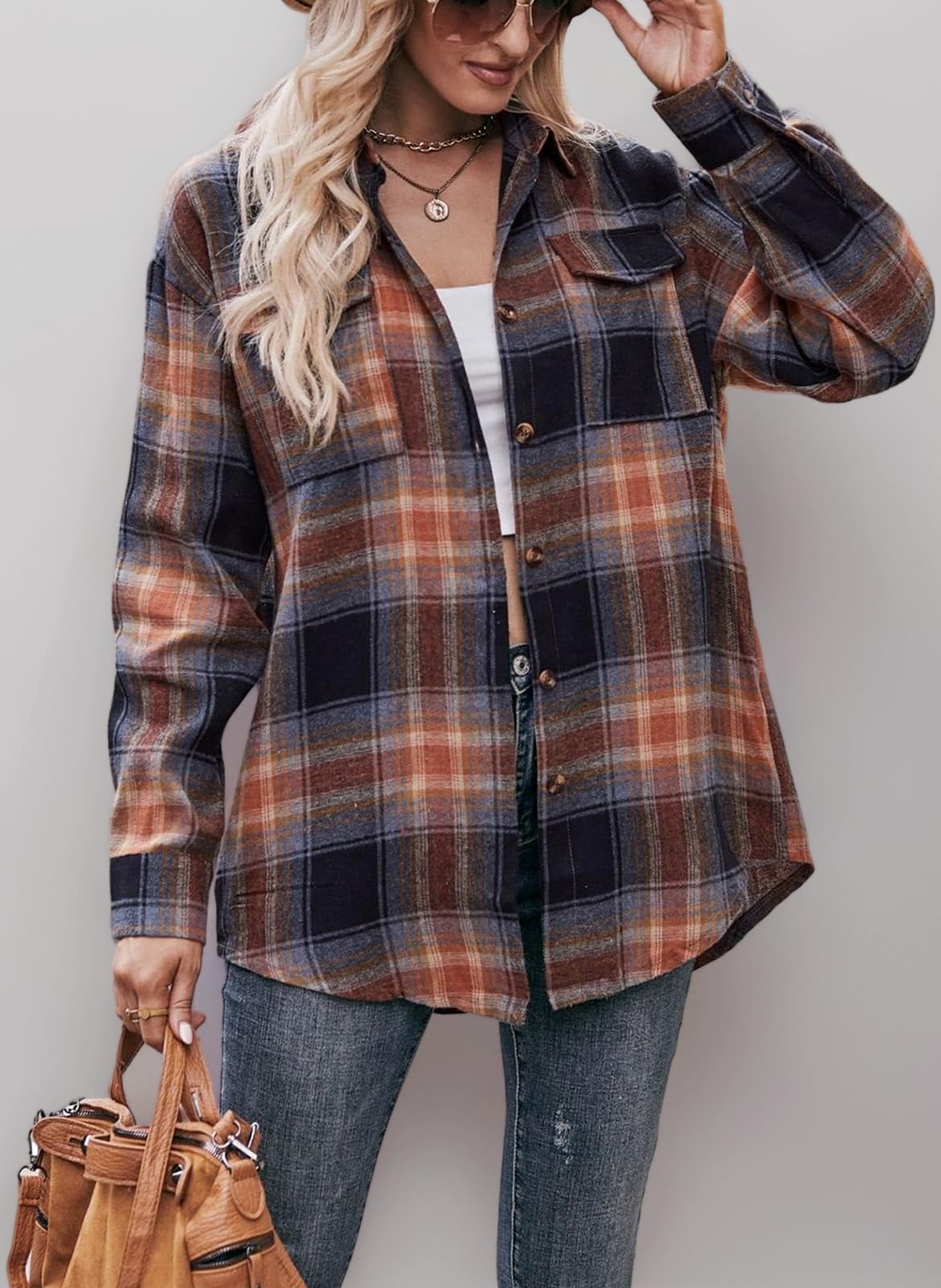 Womens Flannel Plaid Shirts Oversized Button Down Lapel Collar Color Block Long Sleeve Shirts Blouse Tops