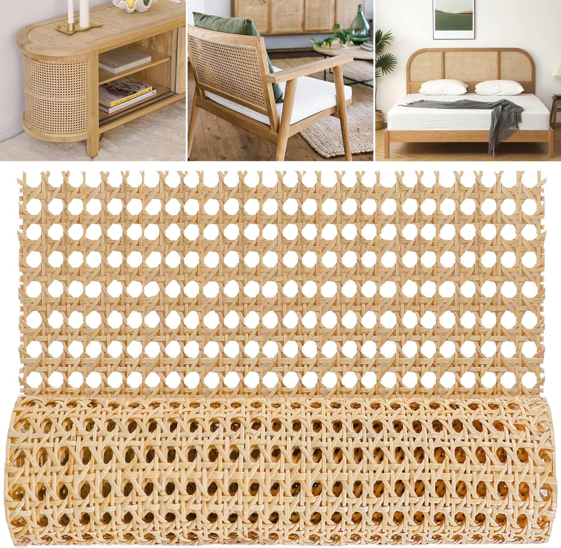MYFAMIREA 18" Width Rattan Pressed Cane Webbing Sheet for Caning Projects, 3.3FT Natural Rattan Material Roll Net Woven Open Mesh Cane, Suitable for Caning Material DIY Supplies