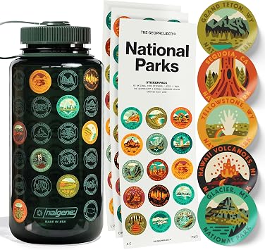 THE GEOPROJECT National Park Water Bottle With 63 Water-Proof Circle Stickers 32oz, Nalgene Plastic Water Bottle For Travel, Hiking, Camping, National Park Gift Green
