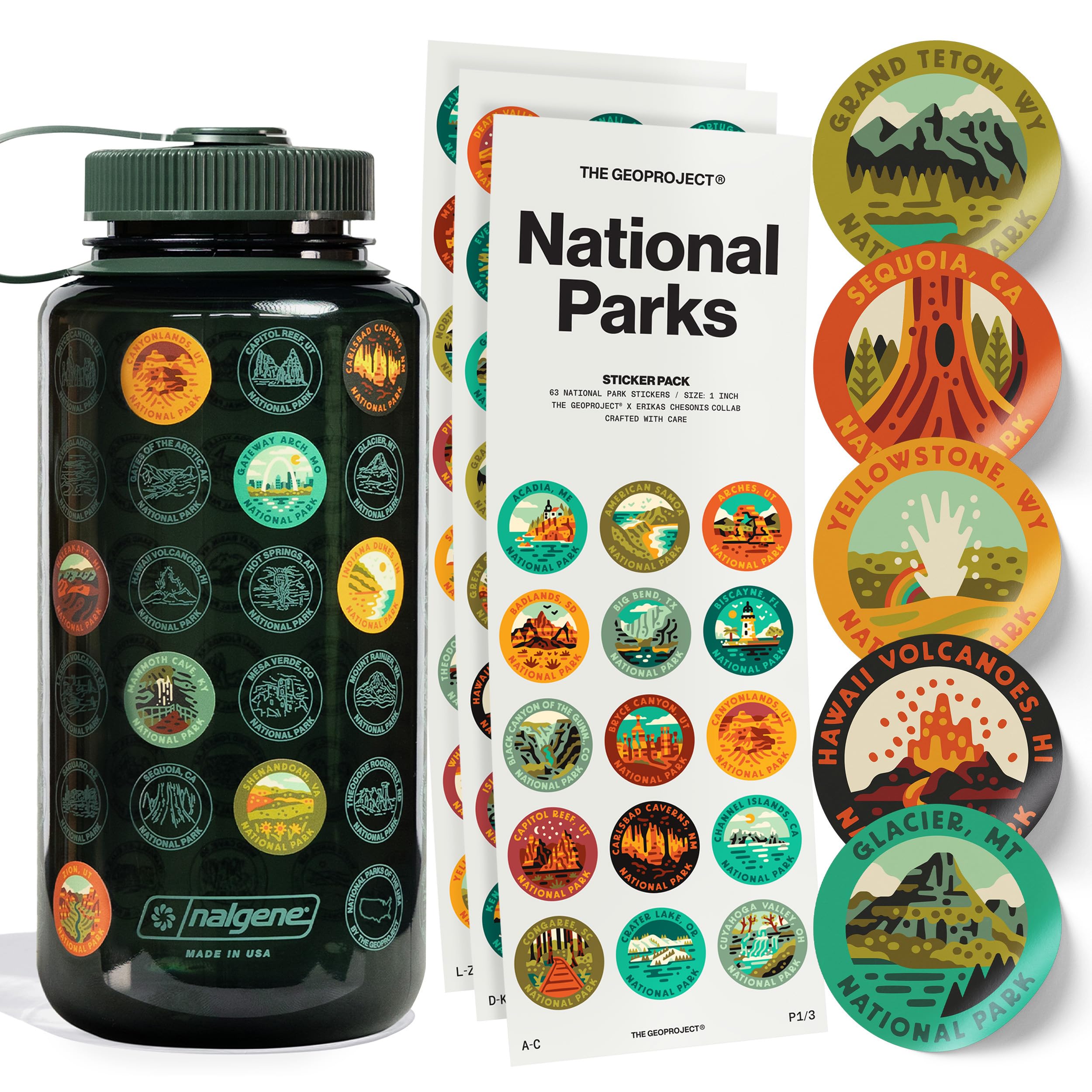 THE GEOPROJECT National Parks Sticker Water Bottle, 32oz Green