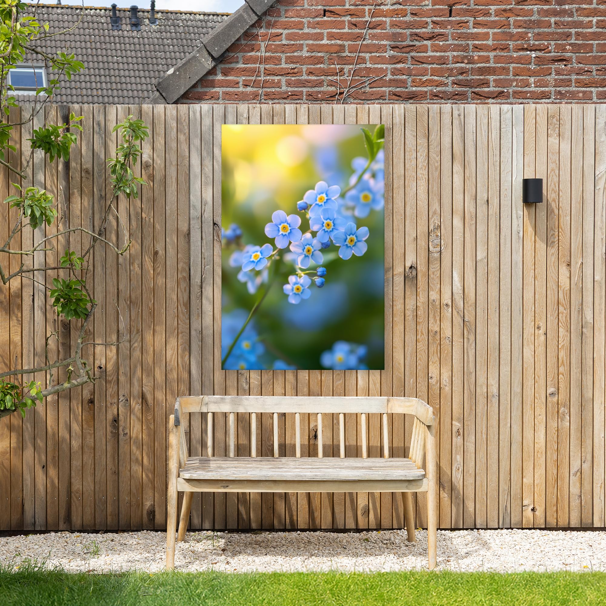 Gartenbild 80x120 cm Outdoor Deko Garten Leinwand Modern Wandbild Wetterfest Kunstdruck Terrasse Geschenke Draußen Blumen - Blau - Vergissmeinnicht