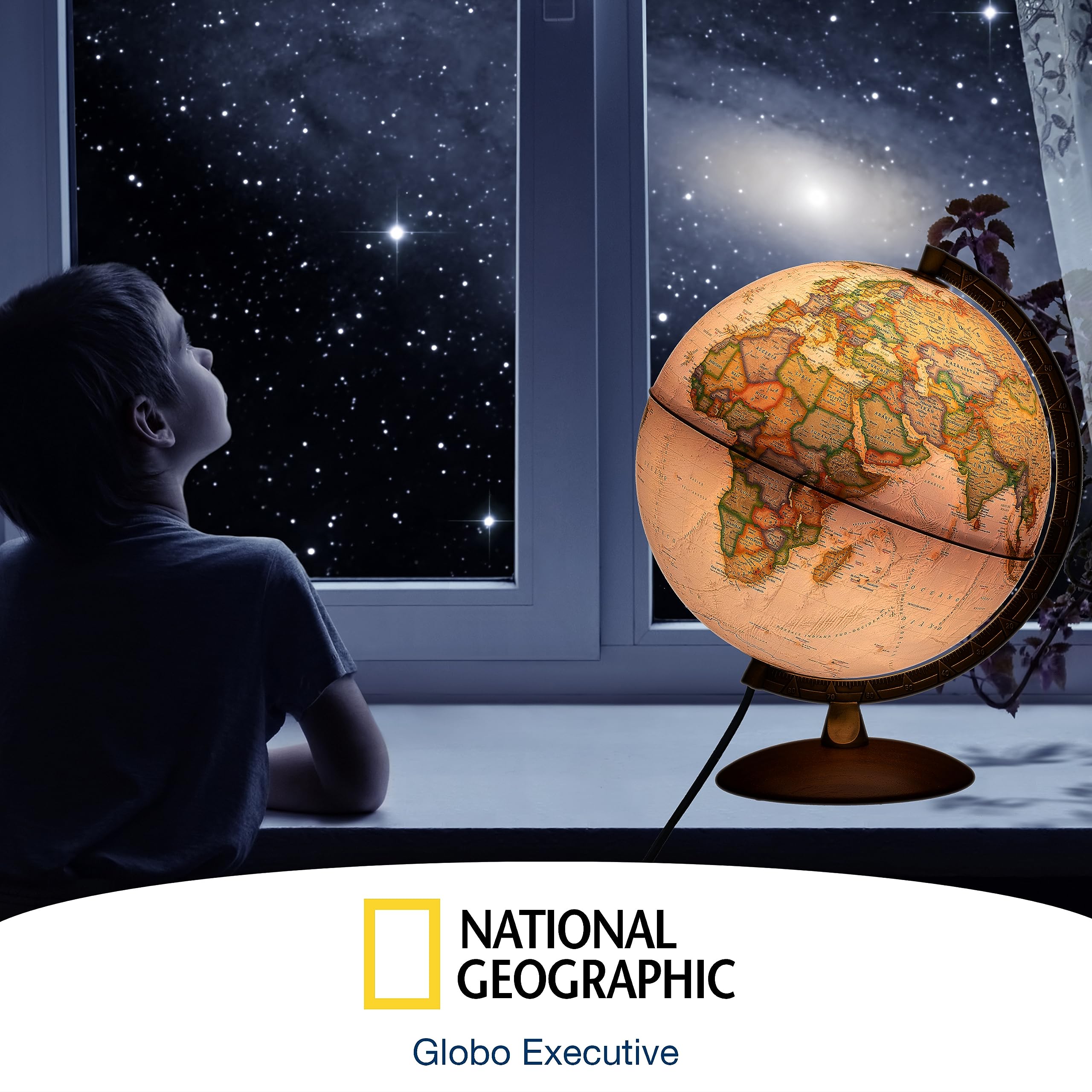 National Geographic - Mappamondo illuminato in stile Executive -30 cm con base stabile e meridiano in metallo, immagine della mappa 2022 fisica/politica con luce LED, immagine della mappa italiana