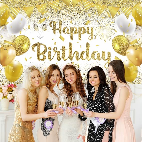 Gold and White Happy Birthday Party Decorations - Large Banner for Women Men Girls - 70.8x43.3 Inch