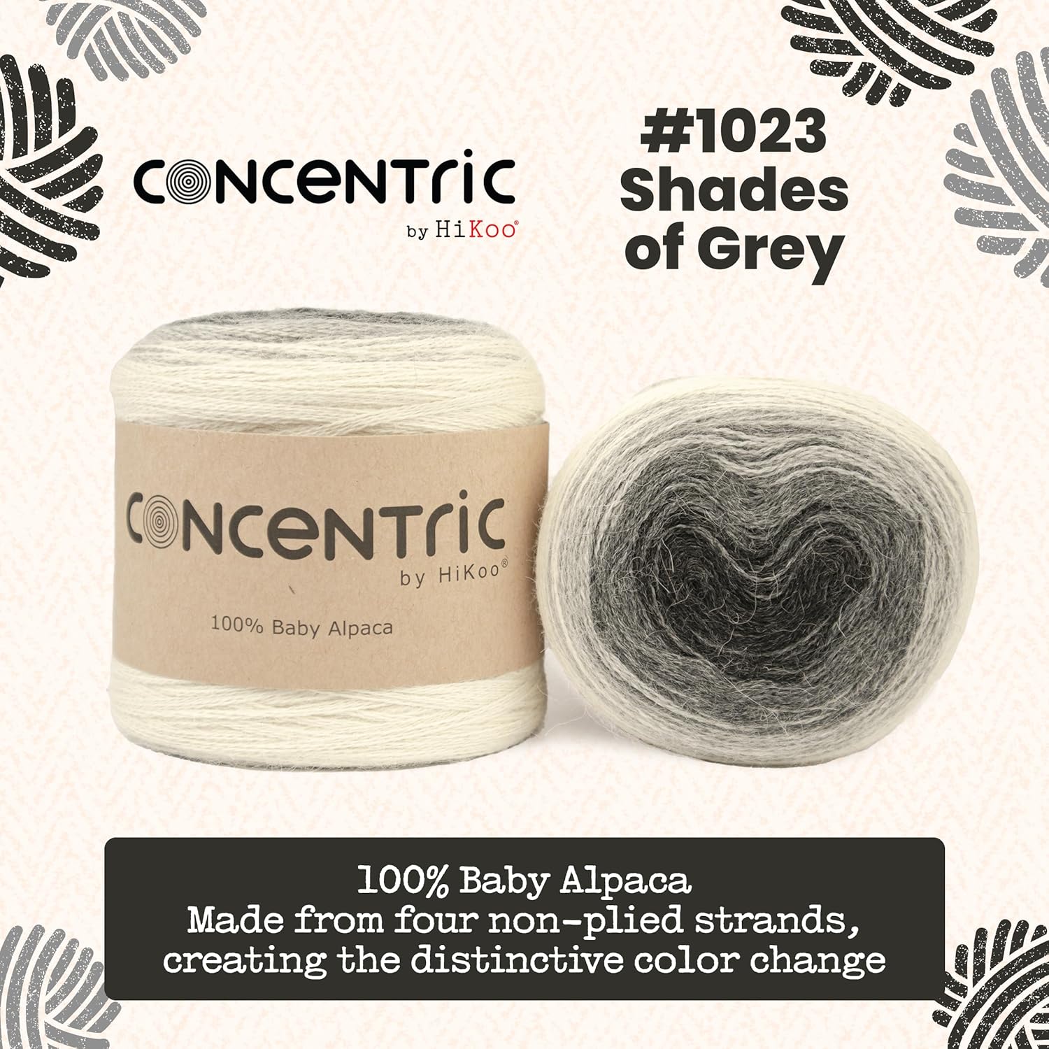 HiKoo Concentric Yarn Cake, 100% Baby Alpaca Wool Gradient Yarn for Knitting, Crocheting, and Crafts, 437 Yards, (#1023 - Shades of Grey)