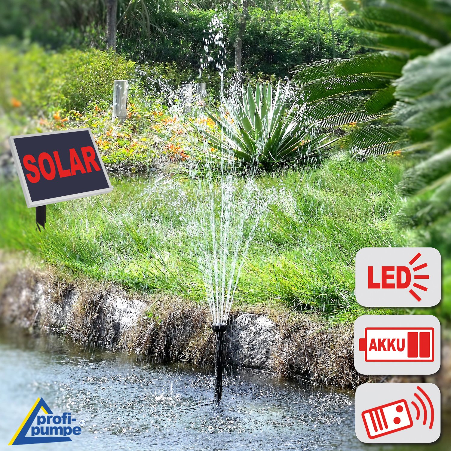 Profi-Pumpe® Oslo 300 | Kit Bomba Solar para Estanque con Batería y Mando | Panel 3W Marco Aluminio | 300 l/h con Luces LED | Fuente Solar Completa para Jardín y Terraza | Calidad Profesional