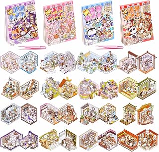 4 Books Pocket DIY 3D Sticker Scene Book, 32PCS Miniature Therapy Sticker, Make Your Own Mini House Cute Cartoon Animal Scene Stickers Relief Stress Pass The Time (style2)