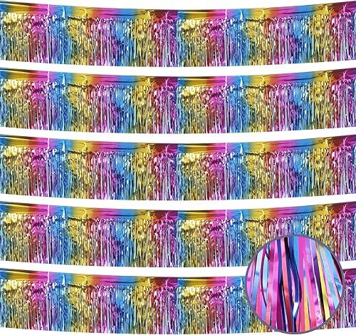 Miniatura 25 de Paquete de 5 guirnaldas de flecos dorados de 10 pies, guirnalda de flecos de papel metálico, serpentinas metálicas de oropel con flecos, pancarta