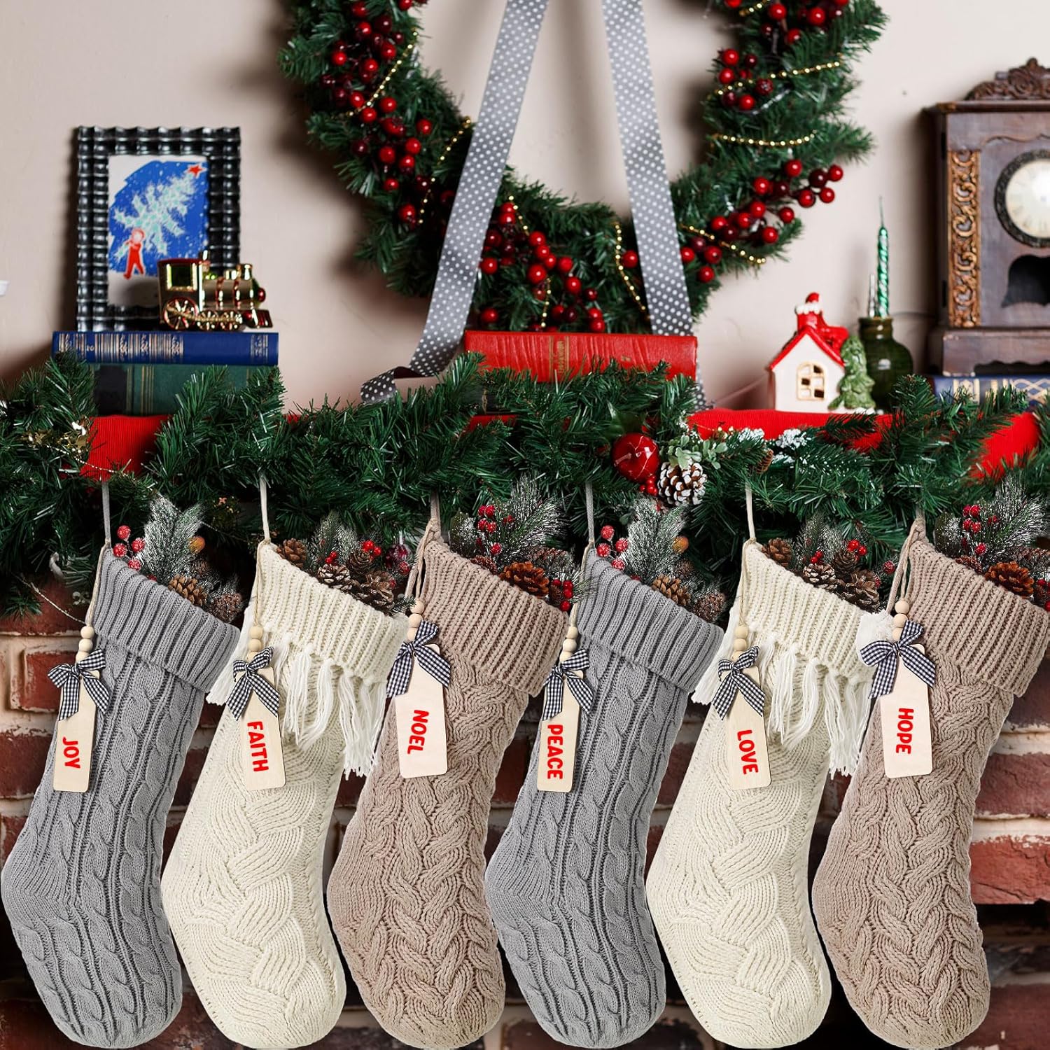 Zhanmai 6 Pack 18'' Khaki and Cream Cable Knit Boho Christmas Stockings Neutral Personalized Stockings with Wooden Name Tags Farmhouse Xmas Rustic Decorations for Family Holiday Decor (Retro Style)