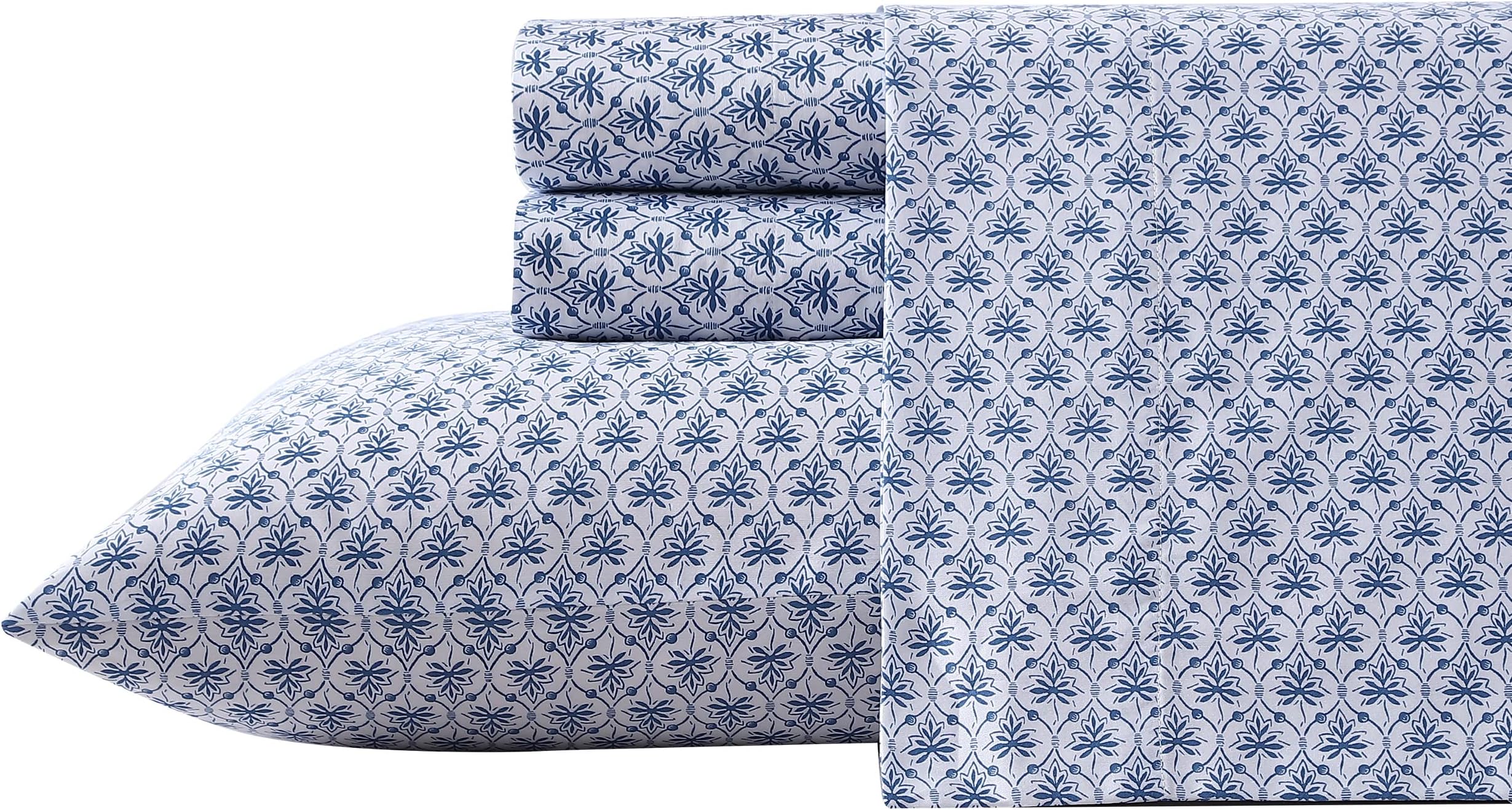 Laura AshleyHome Queen Sheet Set, Soft Sateen Cotton Bedding Set - Sleek, Smooth, & Breathable, Rosemarie Blue