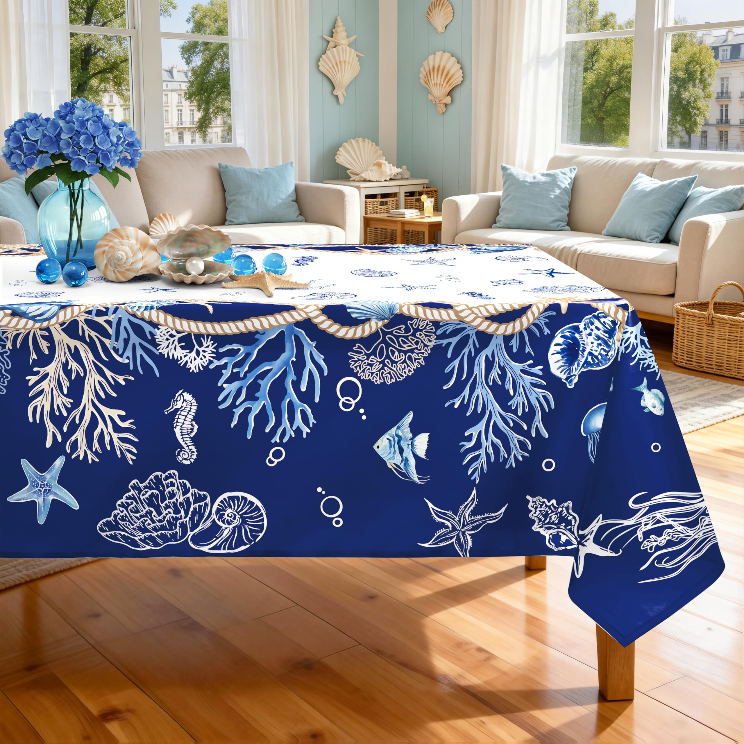 Arquiel Nautical Coastal Polyester Table Cloth Washable Under the Sea Tablecloth Rectangle, 140 x 180 cm, Decorative Table Cover for Family Dinners, Everyday Use and Parties, Patio Dining