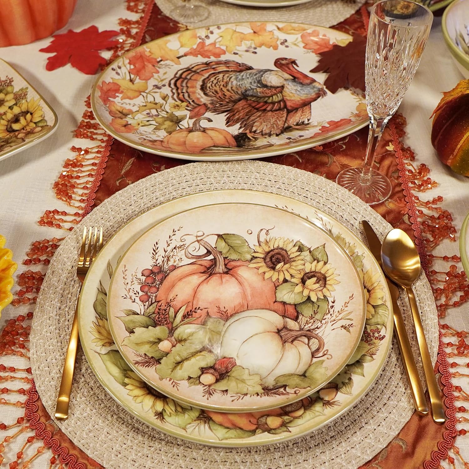 Autumn Breeze 16-Piece Ceramic Dinnerware Set, Service for 4 – Celebrate fall gatherings with sunflowers, pumpkins, and rich harvest hues, perfect for cozy dinners and festive autumn tablescapes