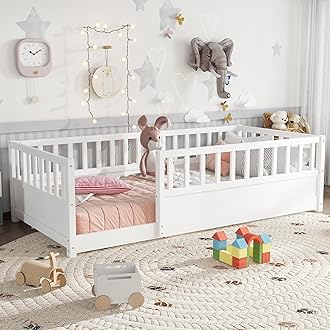 Kids Montessori Floor Bed,Twin Size Floor Bed with High Fence and Door,Twin Bed Frame with Guardrails for Kids,Girls,Boys,Twin,White