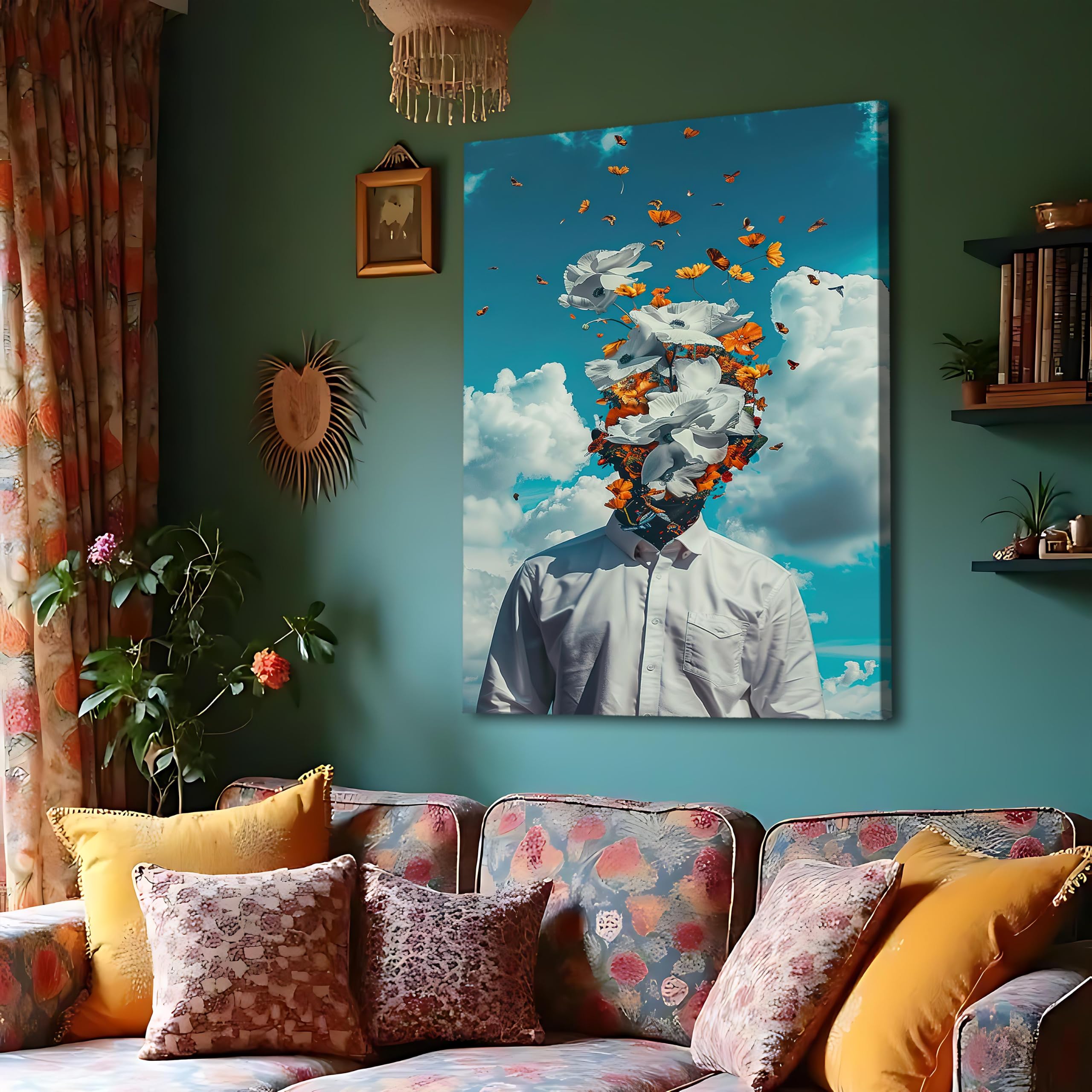 CAOXTART Classic Floral Head Wall Art, Surreal Portrait Poster Print, Butterfly Flower Canvas Oil Painting(70x110cm/Frameless)