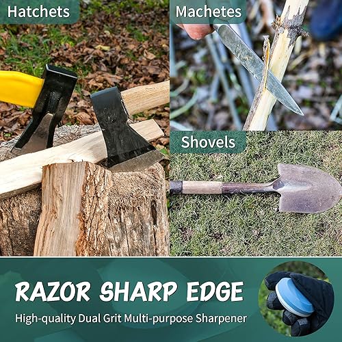 Miniatura 5 de Afilador de 4 hachas con funda, afilador de hacha multiusos con doble grano, disco de piedra de doble grano, disco de piedra para afilar hacha de
