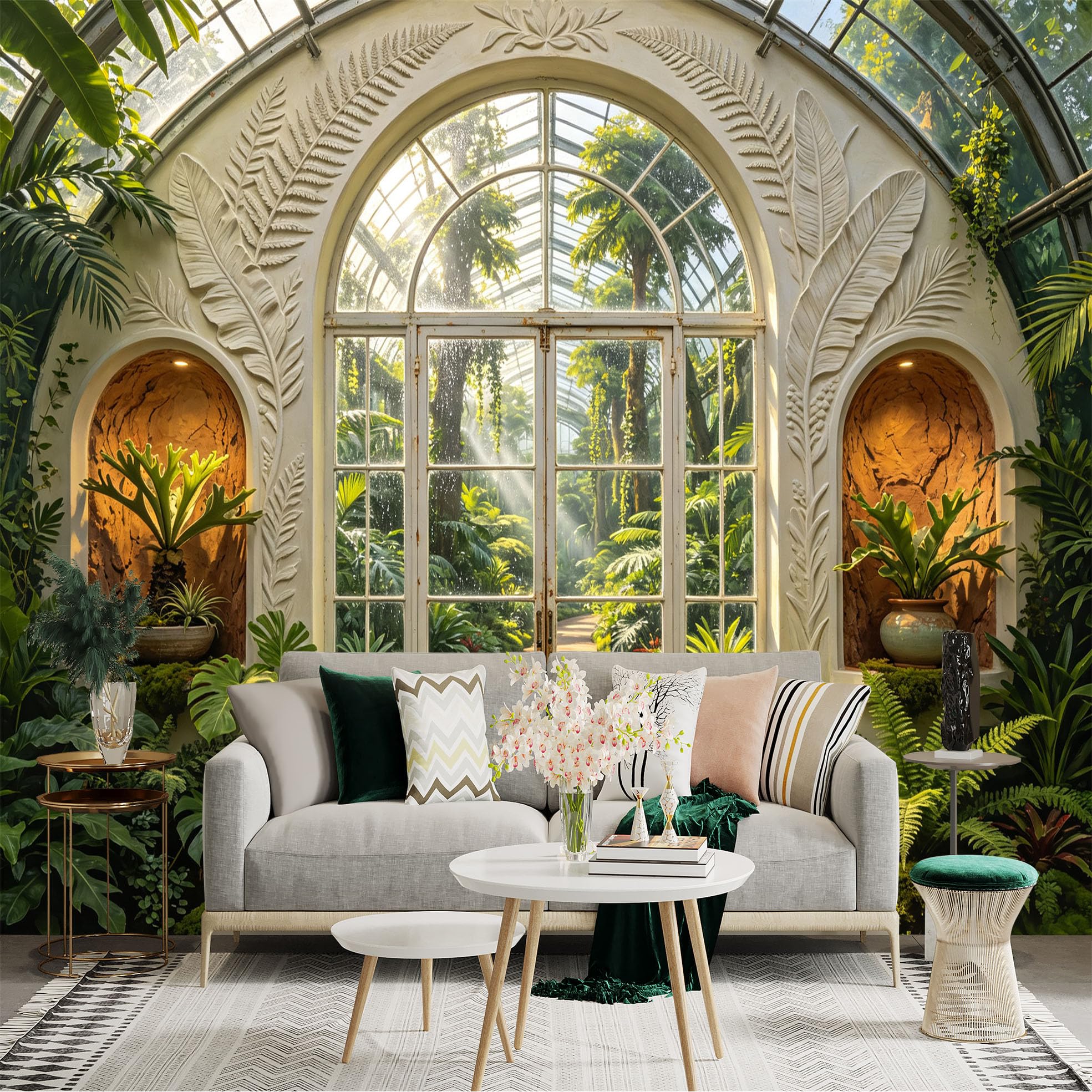 Lnzczhyre Bh260719529 Custom Size Wall Sticker Mural， Sunlit Greenhouse With Tropical Plants， Arched Glass Door And Ferns， For Wall Decoration， Peelandstick Wall Decals.