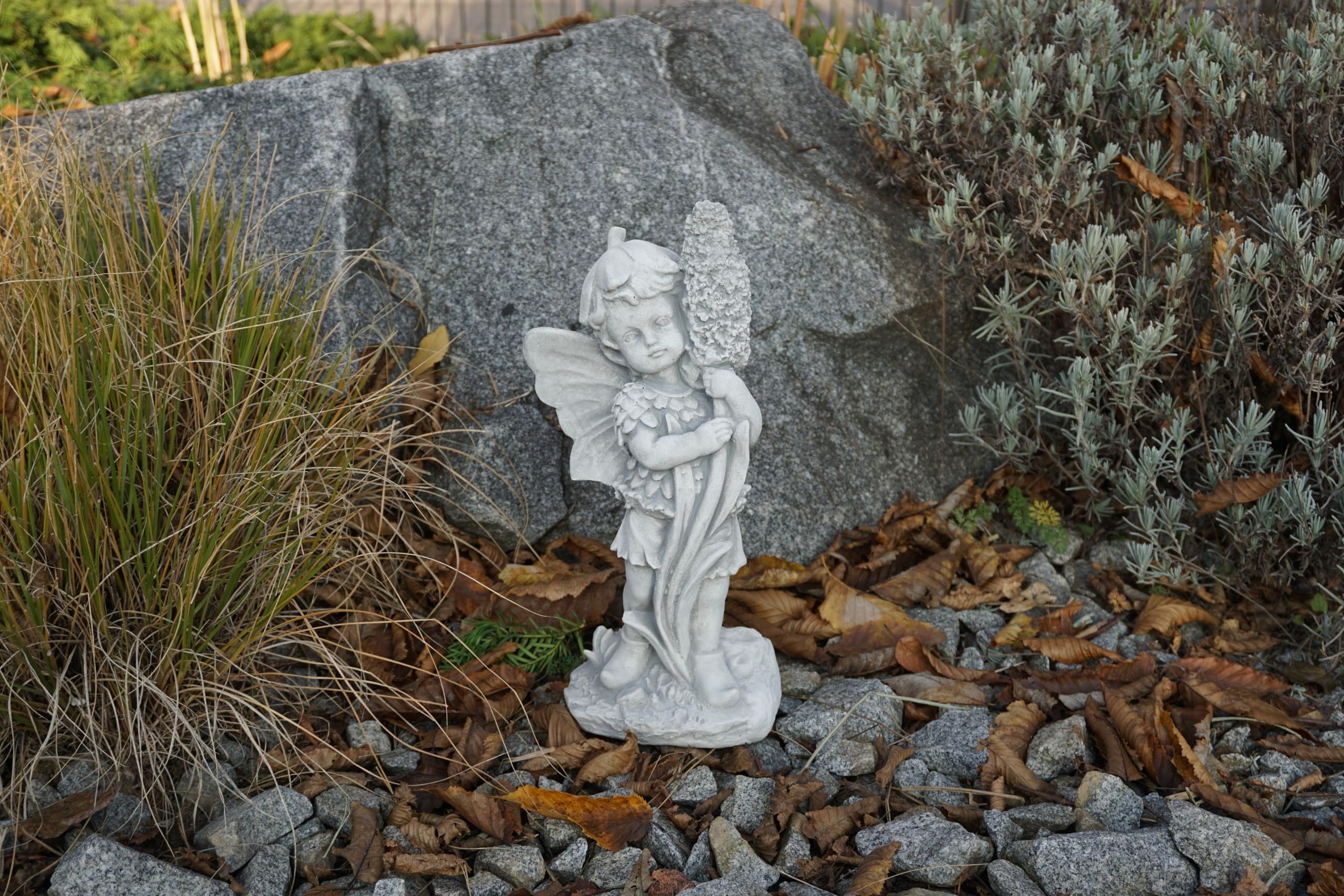 gartendekoparadies.de Elfe mit Hyazinthe, Steinfigur, Grau, Frostsicher aus Steinguss für Außenbereich, H. 32 cm, 3 kg