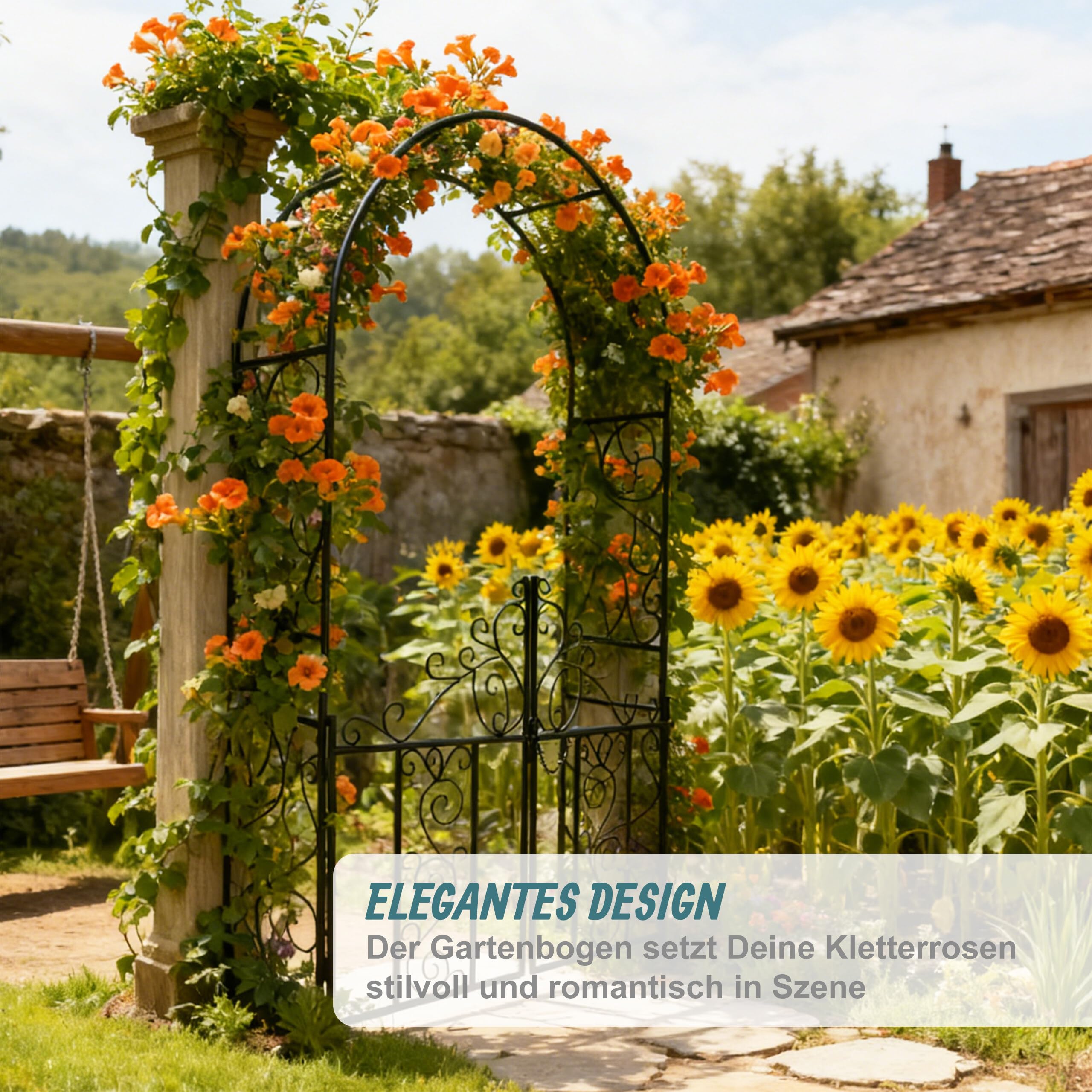 Relaxdays Rosenbogen mit Tor, Ranken Ornamente, Vorgarten & Garten, schwarz