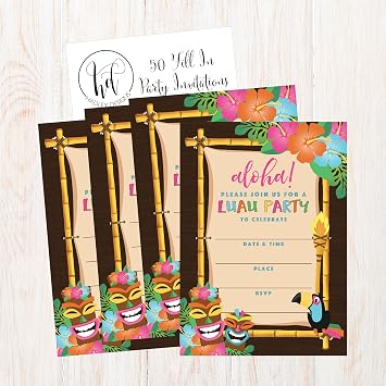Hadley Designs 50 Aloha Luau Party Invitations, Tropical Hawaiian Birthday Invitations for Kids & Adults, Perfect for Birthday, Pool, and Summer Beach Parties