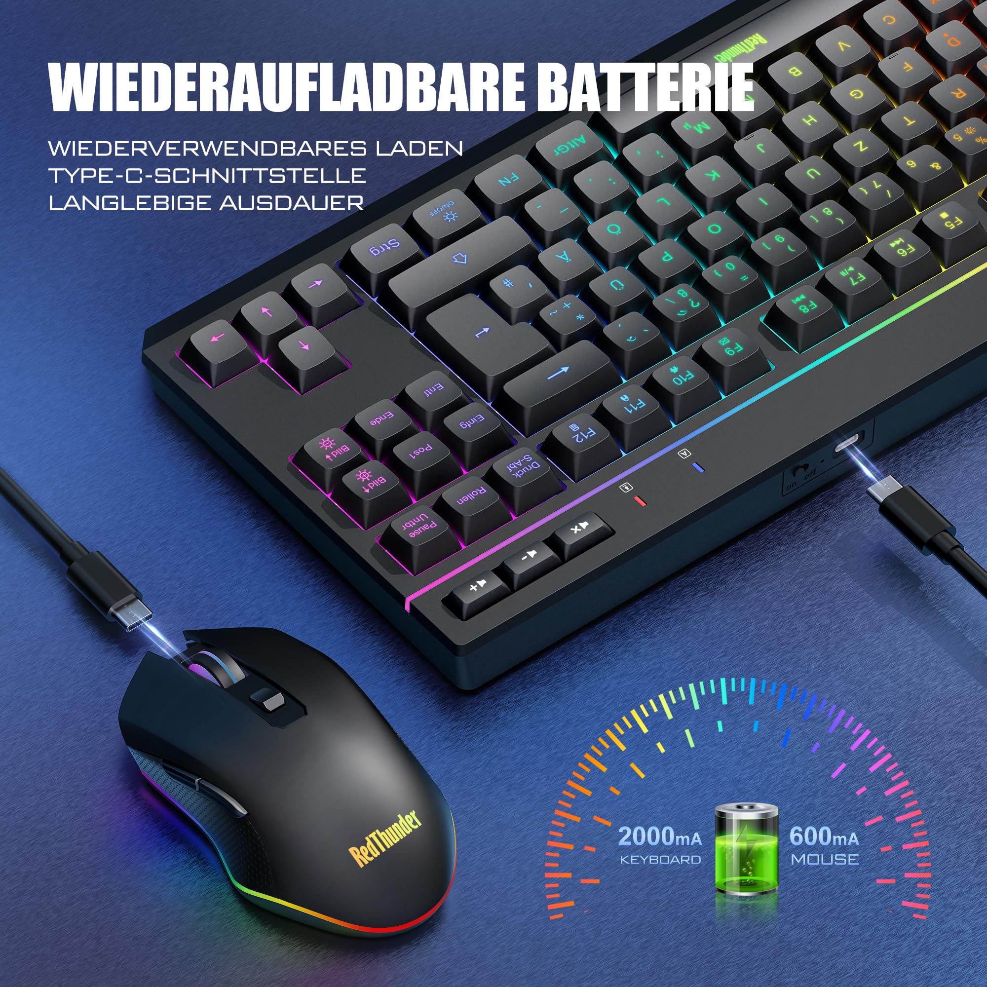RedThunder 75% Kabelloses Tastatur und Maus Set, QWERTZ 94 Tasten TKL Layout, RGB, Wiederaufladbar Funktastatur mit Multimedia Funktionstasten, 7D Optische Maus für PC Xbox PS5, Büro (Schwarz)
