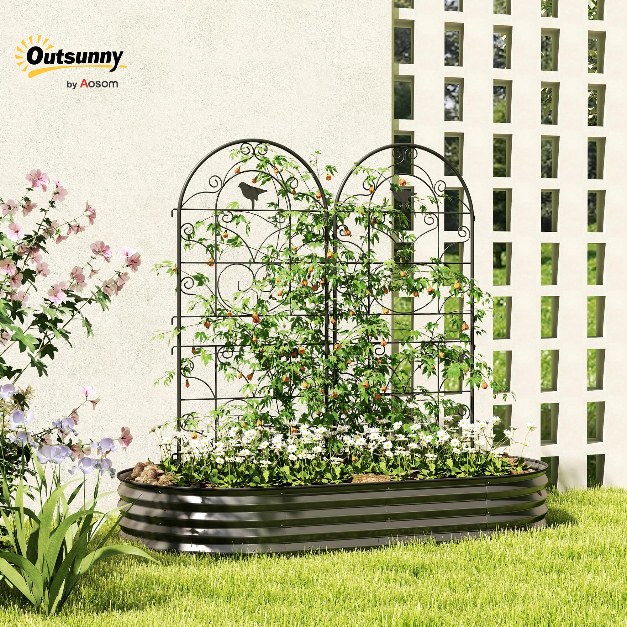Outsunny Rankgitter Metall 2er Set zum Stecken Rostfrei 50x120 cm Schwarz | Rankhilfe mit Vogeldesign für Kletterpflanzen, Spalier für Zimmerpflanzen, Pflanzenspalier für Tomaten Blumen