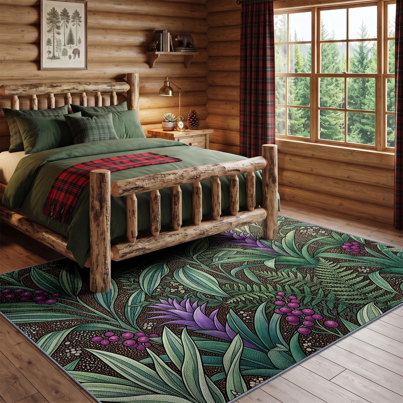 Tapis Poil Ras Salon Illustration Tropicale Doux Moquette Chambre 80 x 150 cm, Lavable Descente De Lit Vert pour Cuisine, Salle à Manger, Bureau Couloir-Tapis Forêt Tropicale Humide Fougères Plantes