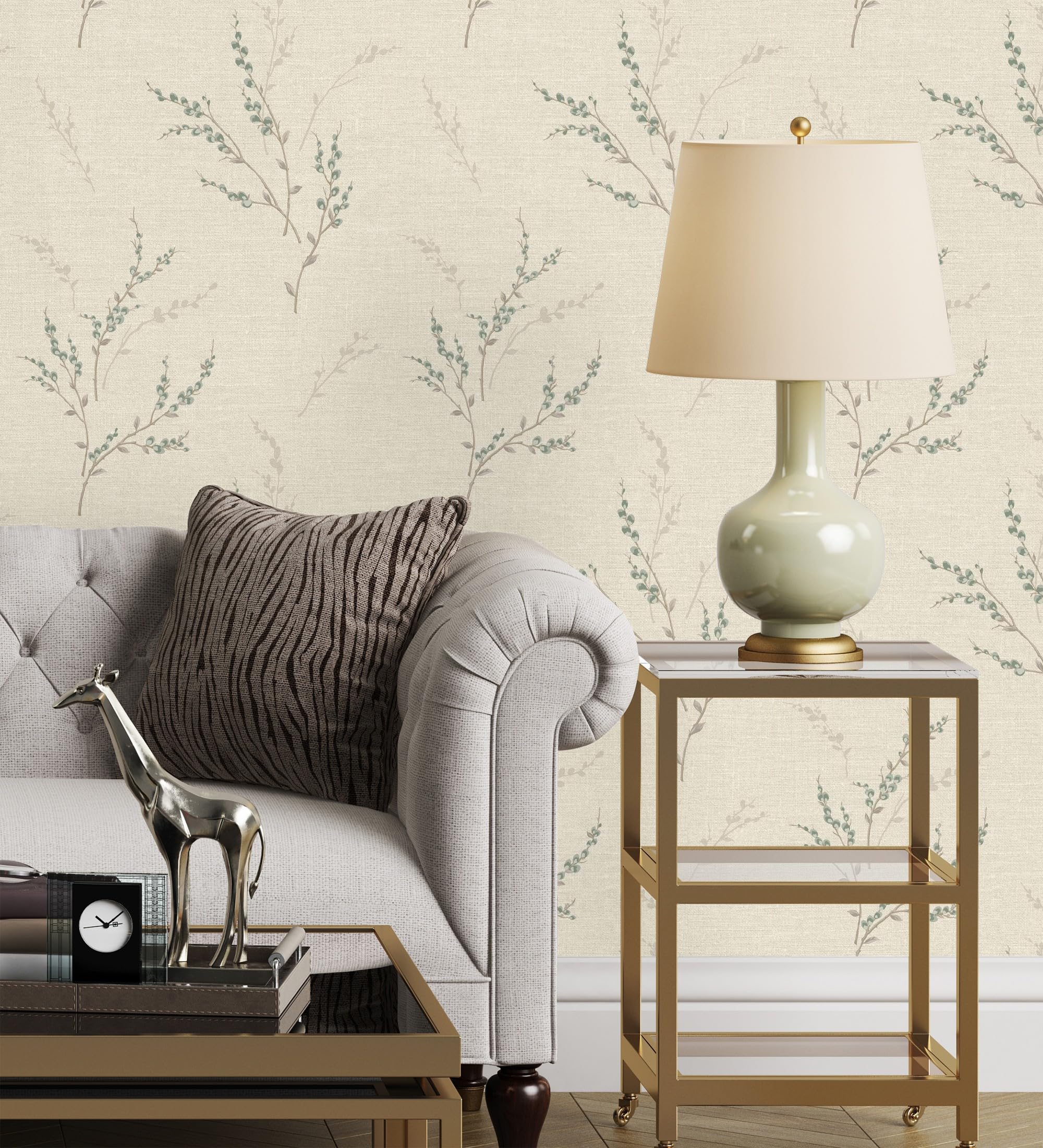 GAULAN 683392 - Papel pintado vinílico de rama de hojas estilo natural en fondo lino texturado para pared salón cocina dormitorio pasillo - Rollo de 10 m x 0,53 m