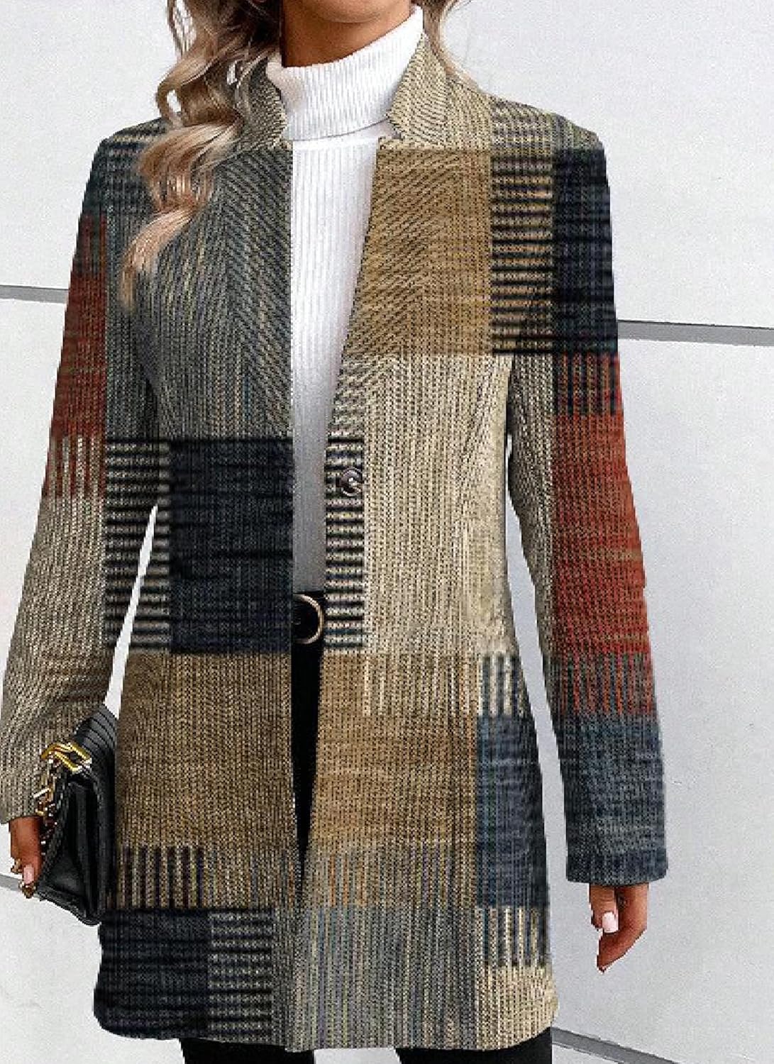 LOZ Women's Long Blazer Jackets Open Front Long Sleeve Work Office Jacket Loose Fit Brown Plaid Casual Blazers Outerwears