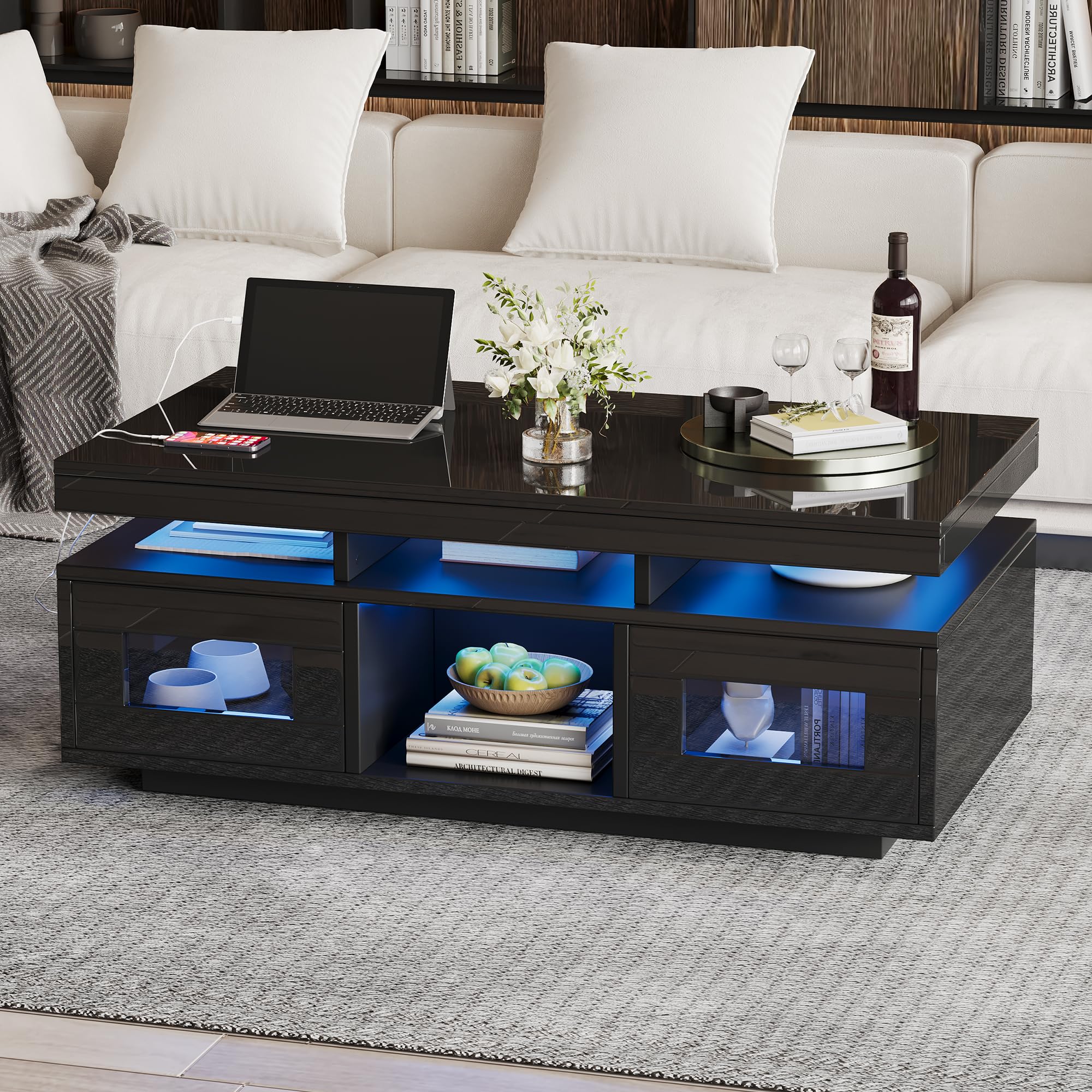 BTM 100x50x43cm Schwarz Hochglanz-Couchtisch, App-LED-Leuchten, Schrank, Ladeanschluss, Büro