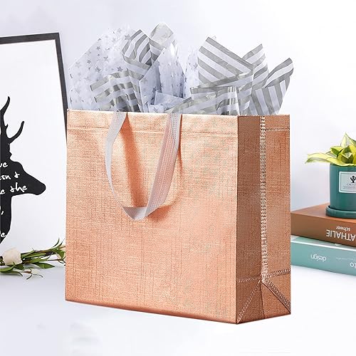 Miniatura 6 de SHIPKEY Paquete de 10 bolsas de regalo color oro rosa con papel de seda plateado, bolsas de regalo reutilizables para fiestas, bodas, cumpleaños,