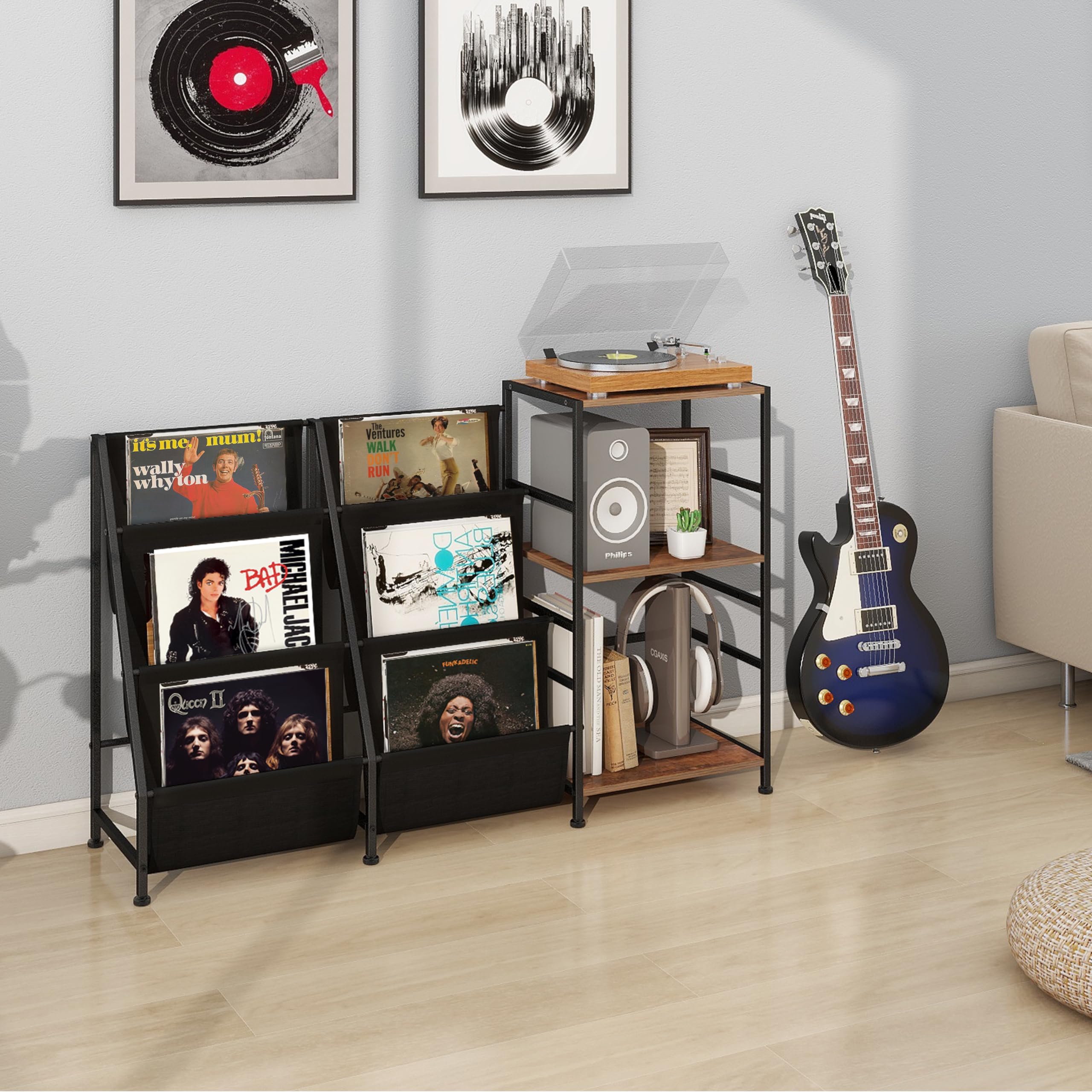 VEDECASA - Libreria con 3 ripiani per libri, tavolo laterale con scaffale a 3 livelli, porta dischi in vinile, porta dischi per soggiorno, con lettore vinile, per un massimo di 200 album