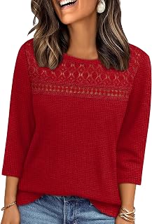 OFEEFAN 3/4 Length Sleeve Womens Tops Early Fall Fashion 2025 Dressy Casual Blouses Lace Front Trendy Waffle Knit Shirts