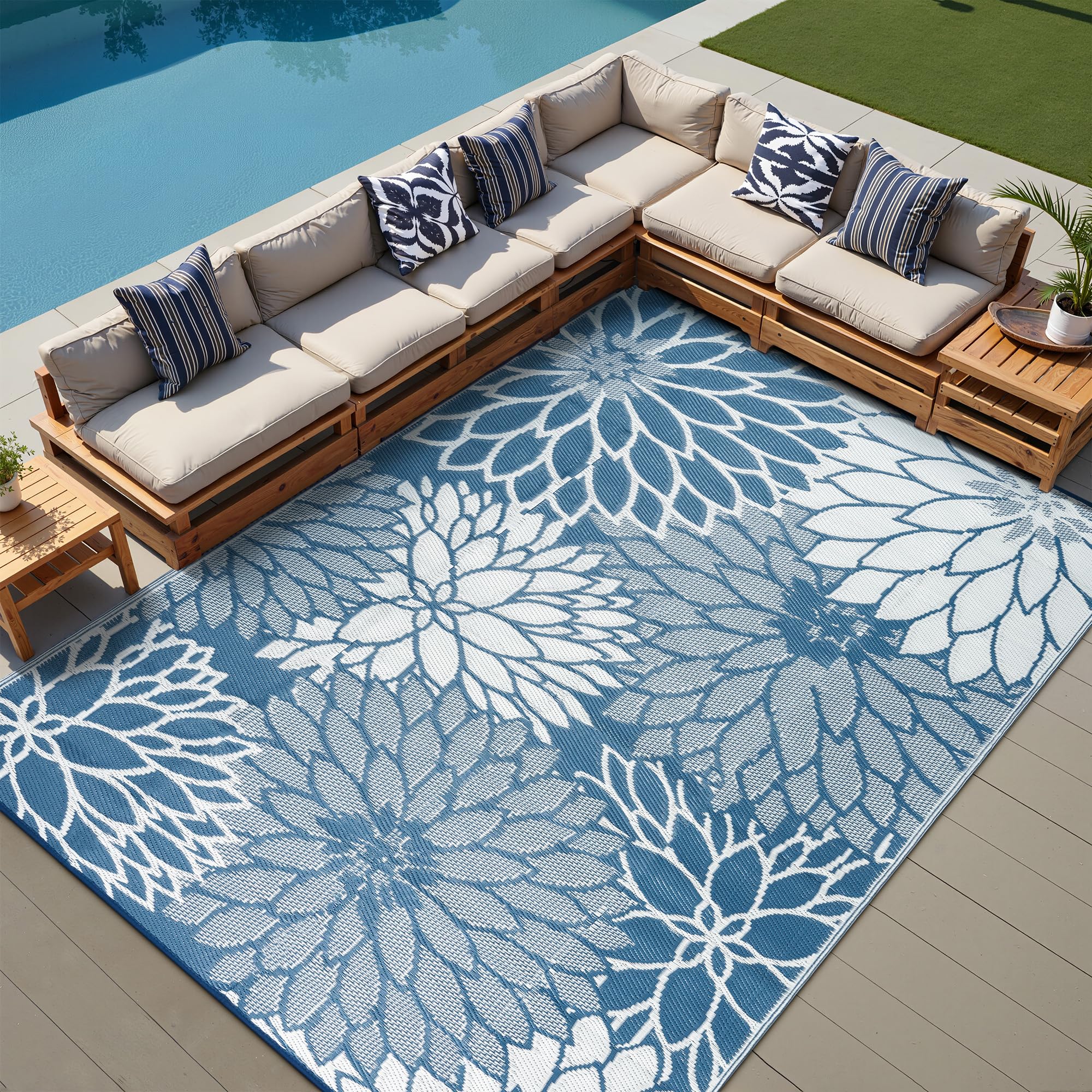 hugear 8'x10' outdoor rug waterproof plastic straw rugs large blue reversible floral mat floor carpet for camping rv deck entryance porch picnic balcony beach backyard