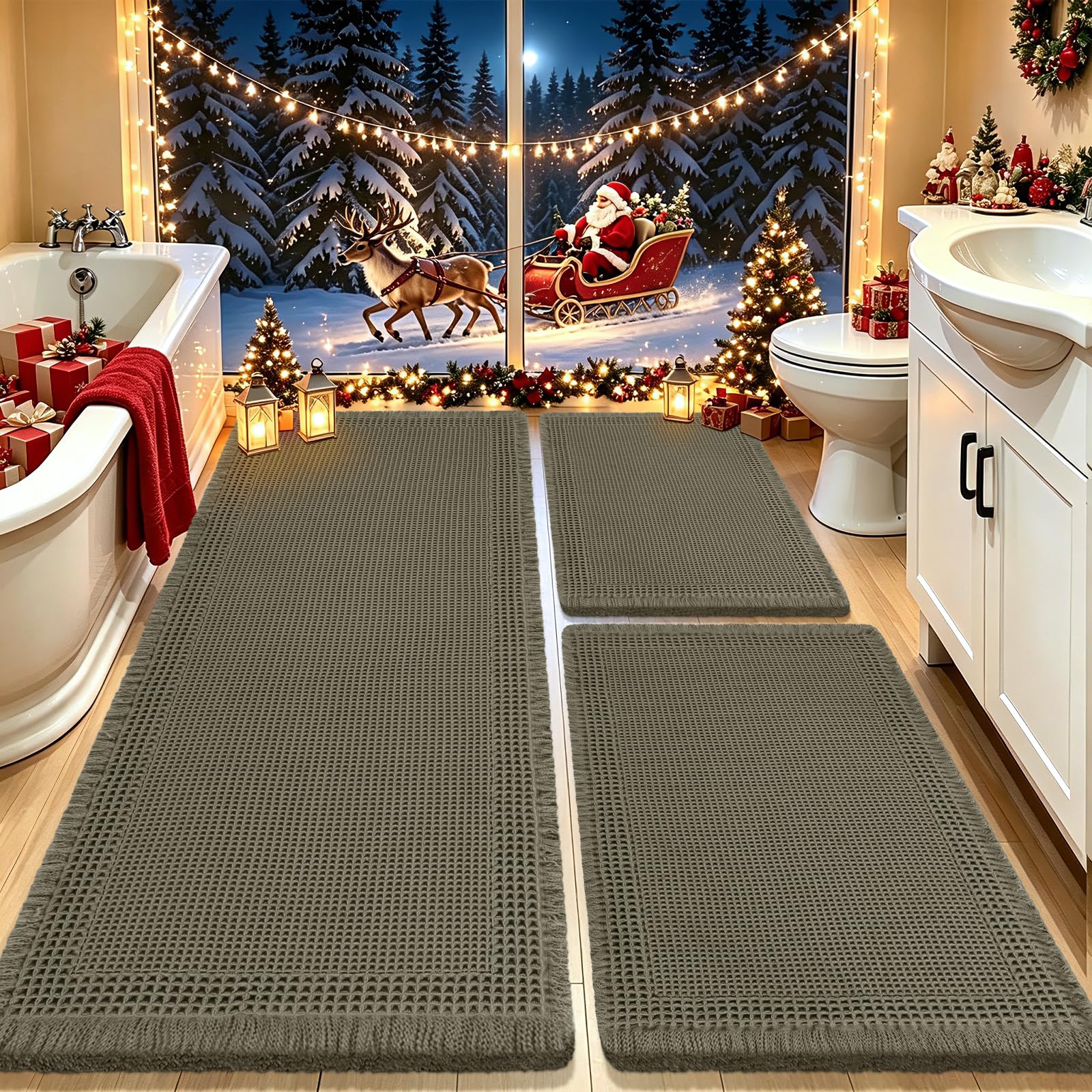 Upgrade Waffle Bath Mat Set 3 Piece, Greyish Green, Boho Bathroom Rugs Absorbent Non Slip, Ultra Soft Bathroom Mat, Machine Washable Knit Bath Rugs with Border for Bathroom, Kitchen, Shower, Tub
