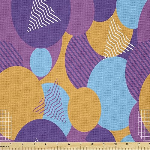 Ambesonne Synthwave Fabric by The Yard, Continuous Pattern of Futurism Themed Colorful Shapes Round and Triangles, Microfiber Fabric for Arts and