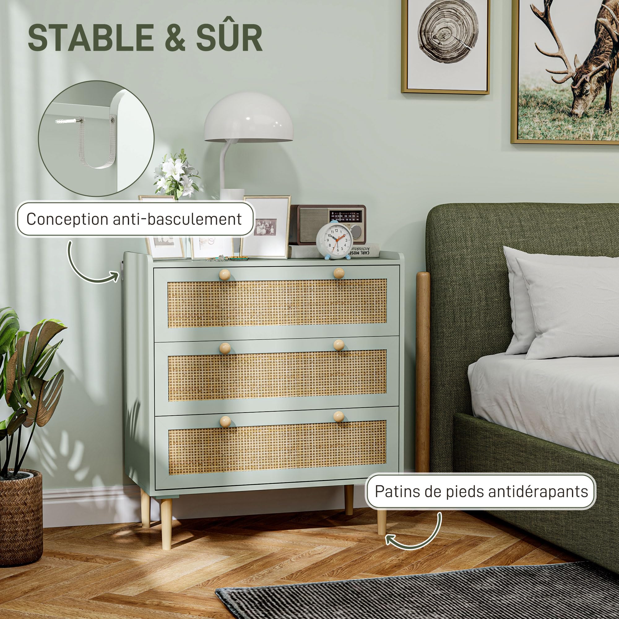 HOMCOM Commode 3 Tiroirs Rangement Bohème 80 x 40 x 87,5 cm Vert Olive | Commode Chambre, Meuble de Rangement, Effet Rotin Naturel, Cadre en Bois, pour Chambre à Coucher, Salon, Entrée