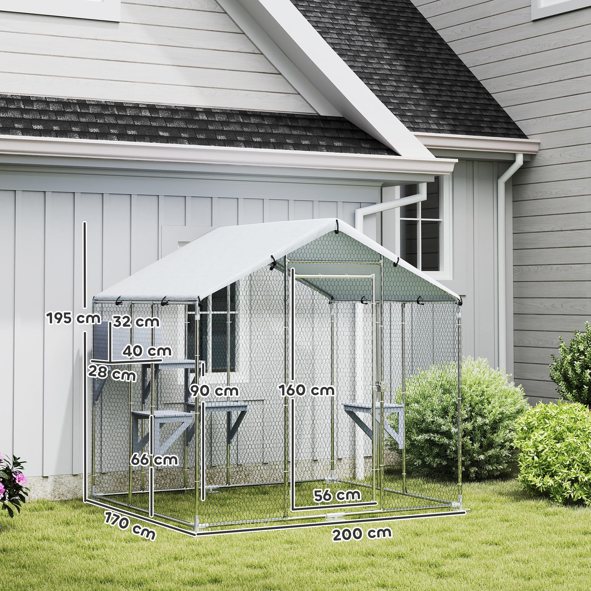 PawHut Jaula Grande para Gatos Exterior, Recinto para Gatos con 1 Casita, 3 Plataformas para Saltar, Cubierta Impermeable y Anti-UV, Parque para 5 Gatitos, Conejos, 200x170x195 cm, Plata