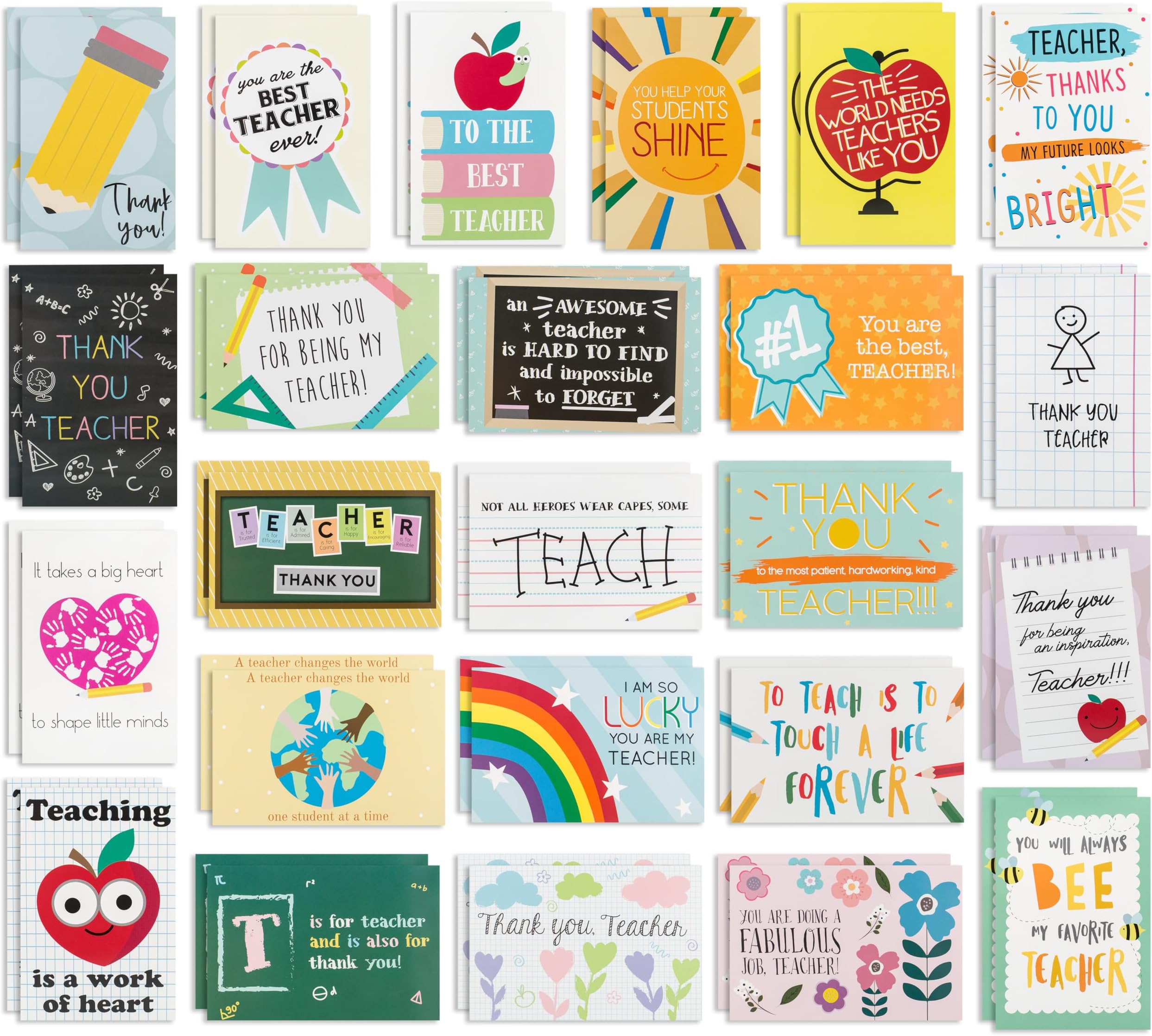 48 Pack Teacher Appreciation Cards โ Cute Thank You Teacher Cards in 24 unique Designs - Greeting Cards For Teachers Day Card - End of Year Teacher Cards, Thank You Notes To Teachers 4 x 6 inches
