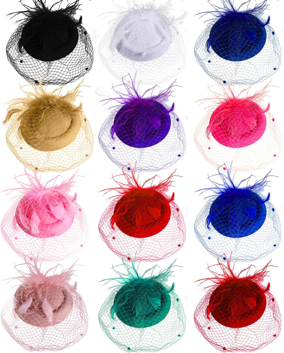Hoteam 12 Pcs Fascinators Hats Tea Party Headwear with Veil 50s Vintage Feathers Pearl on a Headband or a Clip for Women