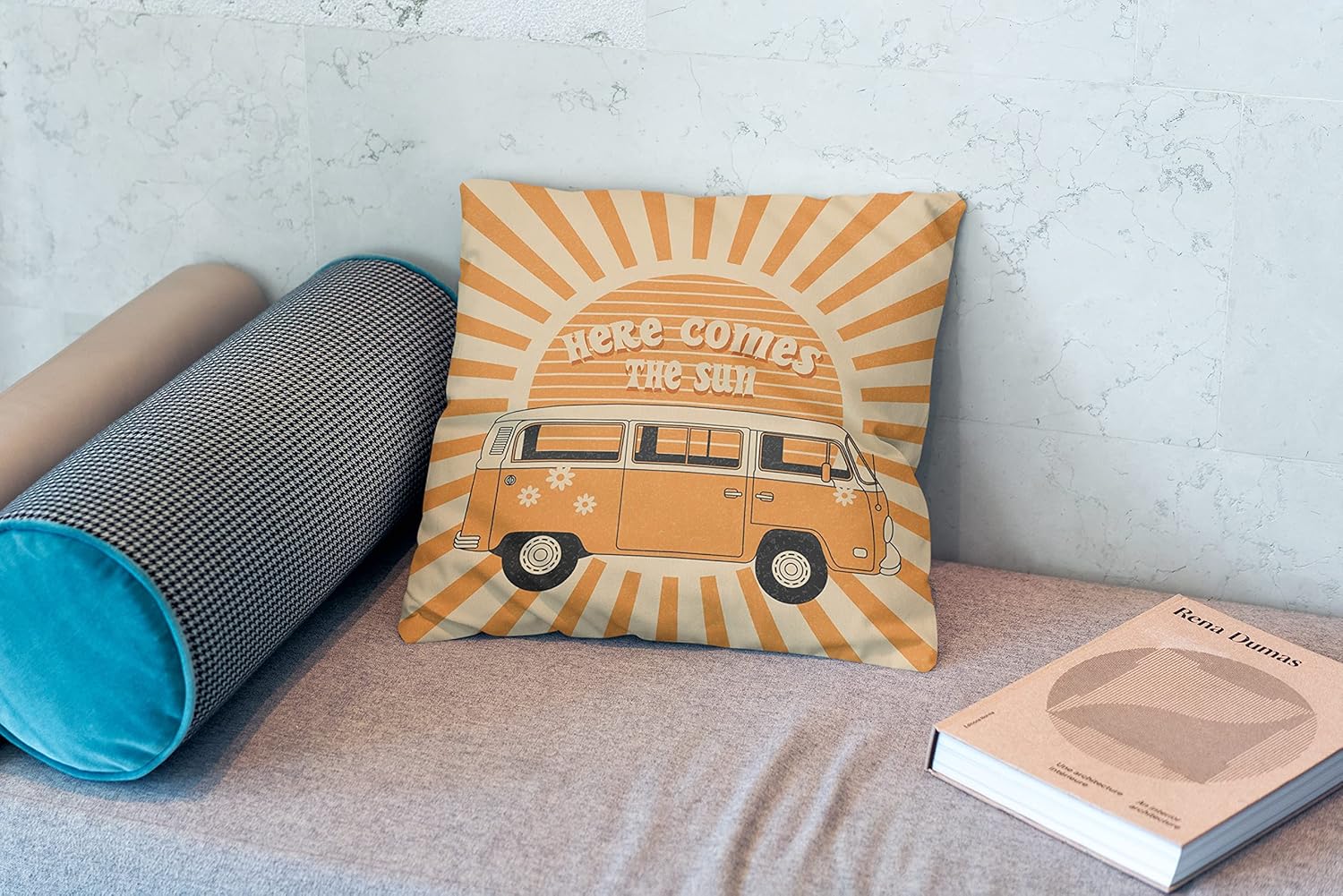 Sun Pillow - Here Comes The Sun Cushion Cover 18x18, Retro Throw Pillows, Hippies Orange Sunshine Decorative Cover for Home - Image 2