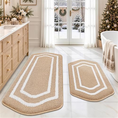 COSY HOMEER Extra Thick Bath Rugs Set - Anti-Slip Bath Mats Soft Plush 100% Strong Mirco Polyeste Mat Living Room Bathroom Mat Floor Water Absorbent(Beige,20/inch X 32/'' + 24/inch X 48/ inches)