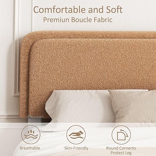 Miniatura 5 de Base de cama de tamaño Queen con plataforma de bouclé, base de cama tapizada tipo nube con cabecera ajustable, esquinas redondeadas anticolisión, no