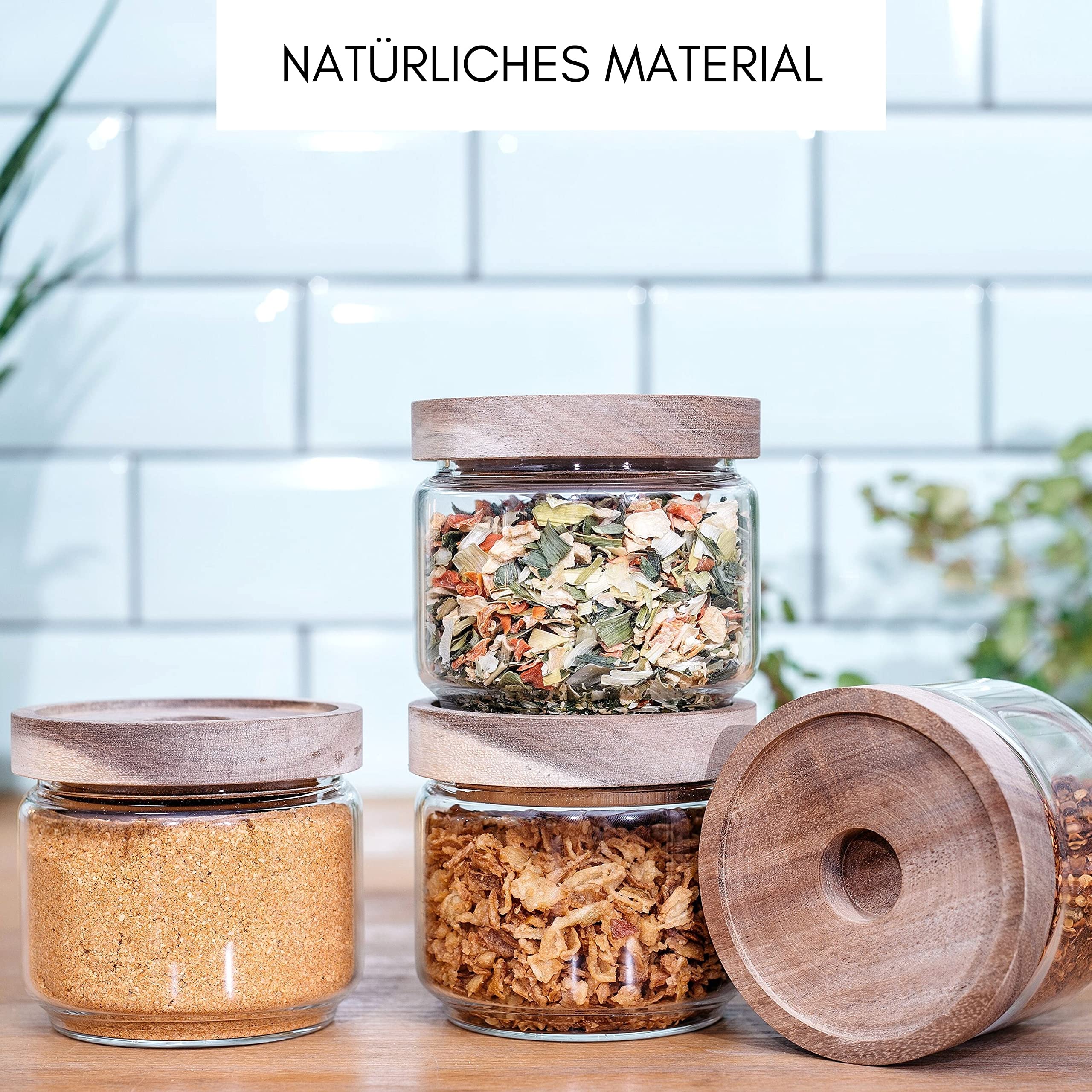 Econovo® Voorraadpotten met deksel (2-delig), 900 ml, glazen voorraaddozen met houten deksel, luchtdicht, voorraadpotten, set voor levensmiddelen, groot en klein (2 x 1600 ml