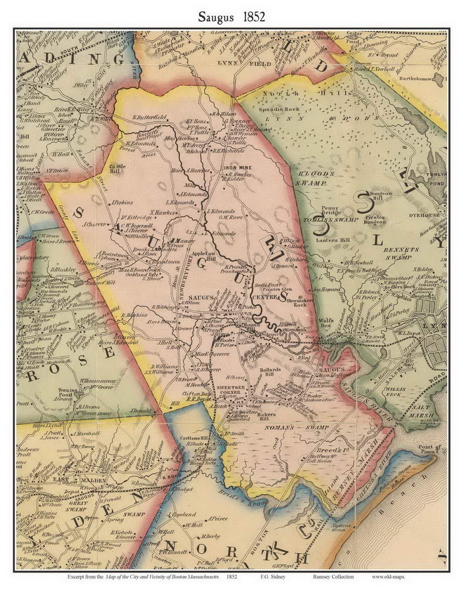 Saugus 1852 Old Town Map with Homeowner Names Massachusetts - Reprint Genealogy Boston & Vicinity Co. MA TM