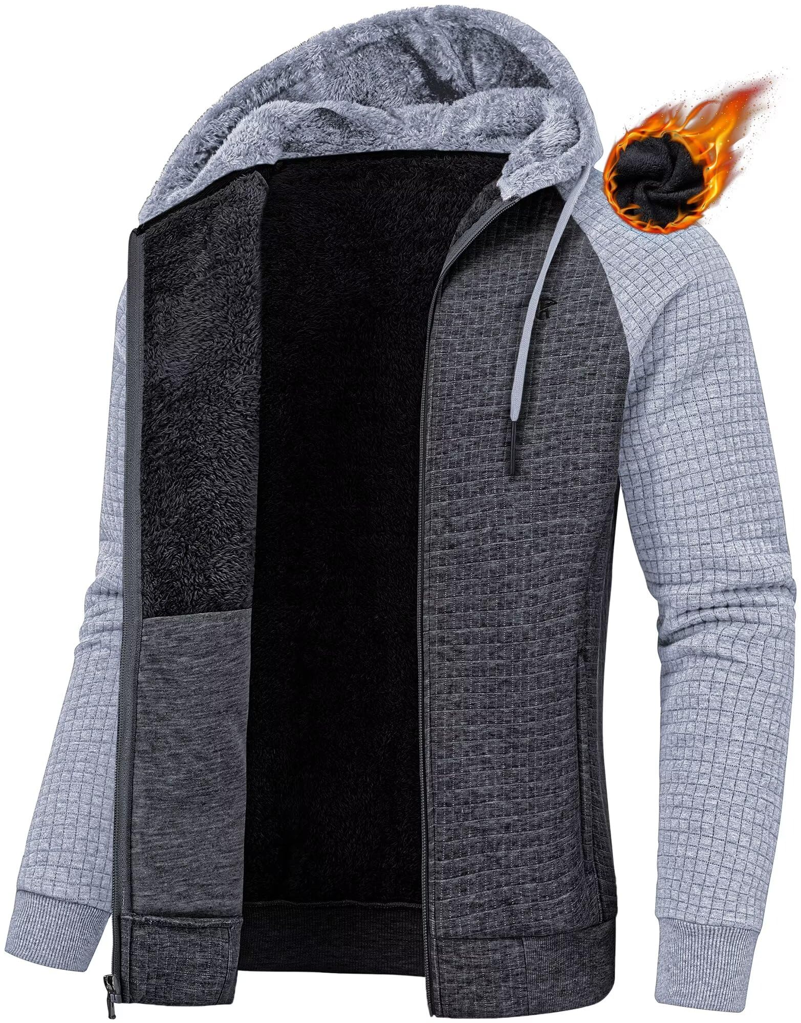 Men's Jacquard PlaidCloth Heavy Fleece Zipper Hoodie Sherpa Jacket Sweatshirt