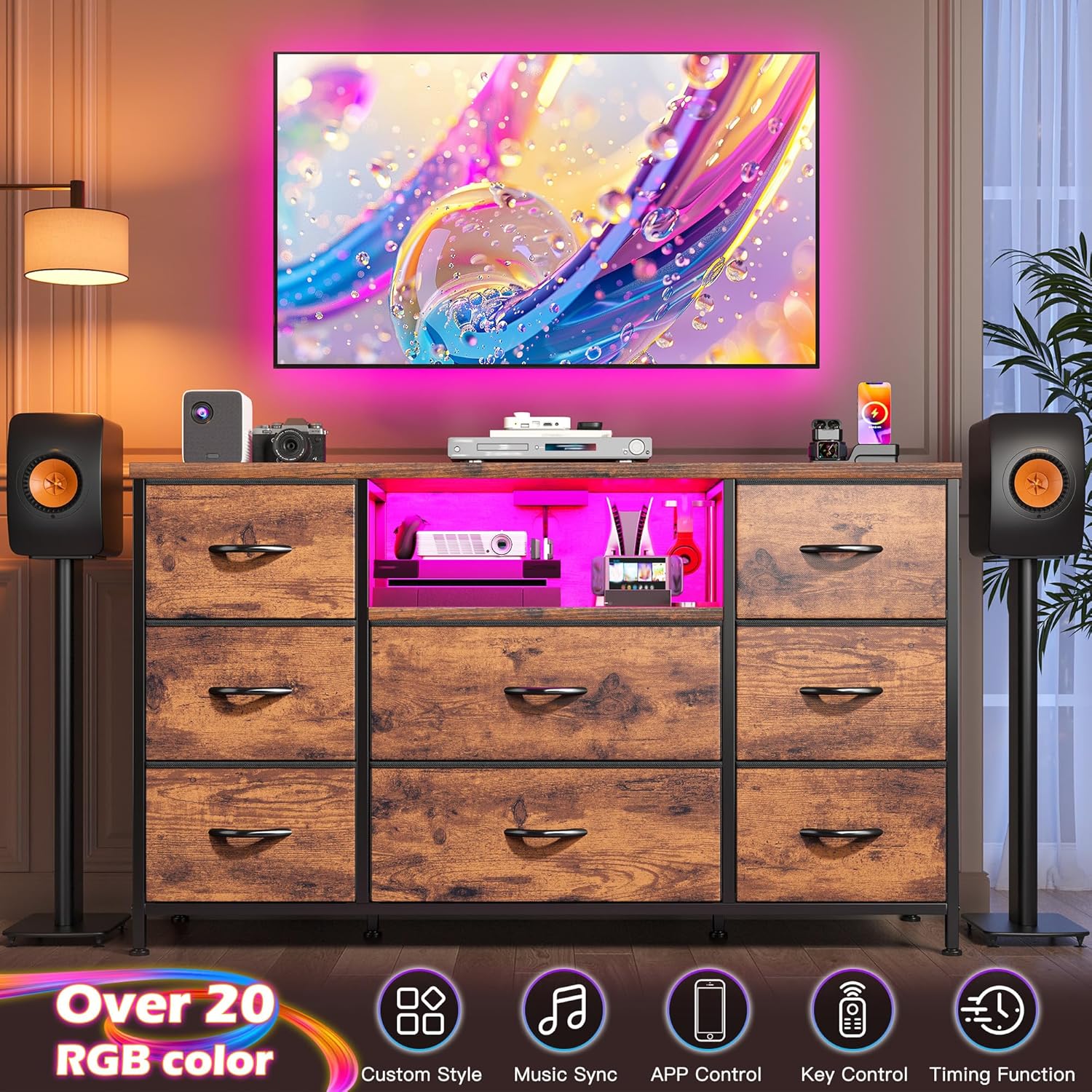 Dresser for Bedroom with LED Lights & Charging Station, Dresser TV Stand for Bedroom with 8 Drawer for 55 inch TV, Fabric Dressers & Chests of Drawers with Shelves for Hallway Entryway, Rustic Brown