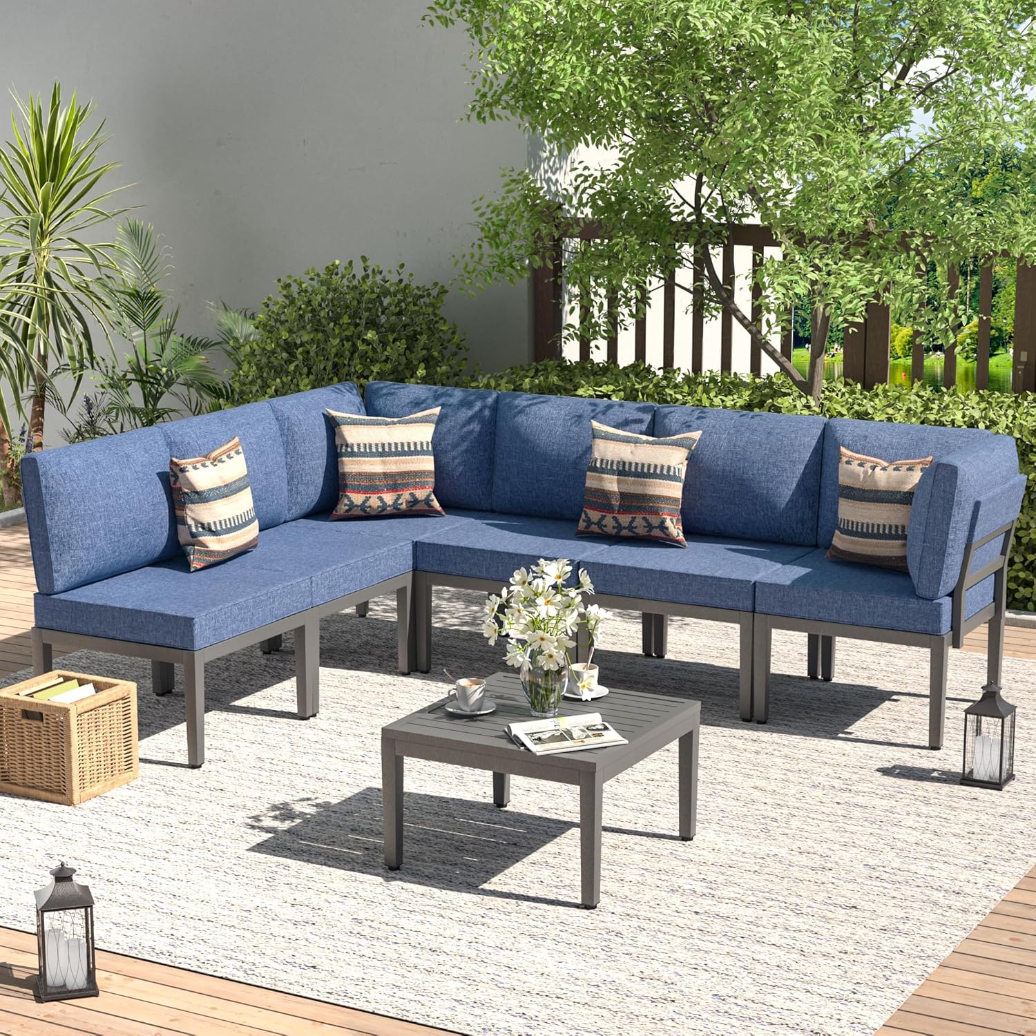 Kullavik Patio Furniture Set,7 Pieces Metal Modern Outdoor Furniture,Outdoor Sectional Sofa w/5.1" Cushions and Coffee Table for Patio,Backyard,Navy Blue
