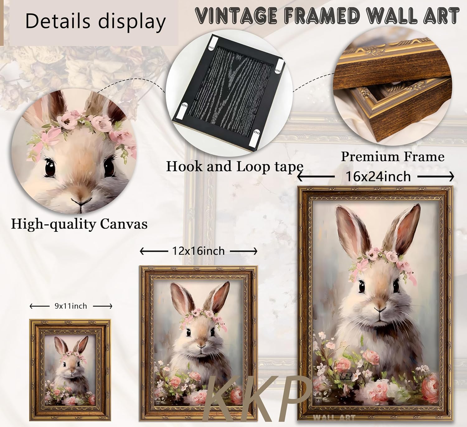 KKP Vintage Gold Framed Easter Bunny Wall Art, Pink Floral Rabbit Canvas Prints Wall Decor, Spring Farmhouse Home Decor Picture for Nursery, Kids Room, Living Room & Bedroom, 12x16 Inch